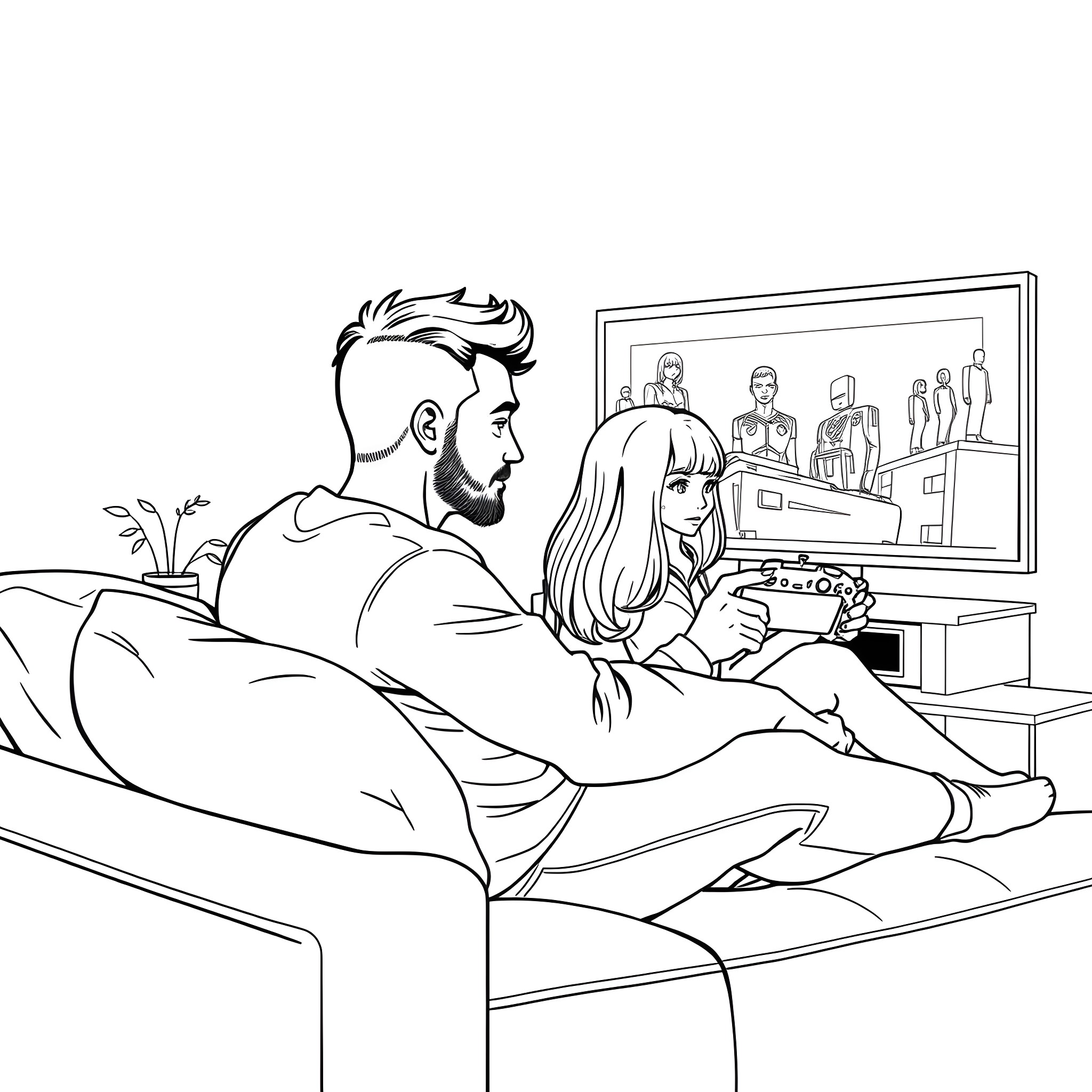 Husband and wife watching TV together Coloring Page (free black-and-white line drawing printable PDF for all, from beginners to advanced learners, including children, teens, adults, and seniors)