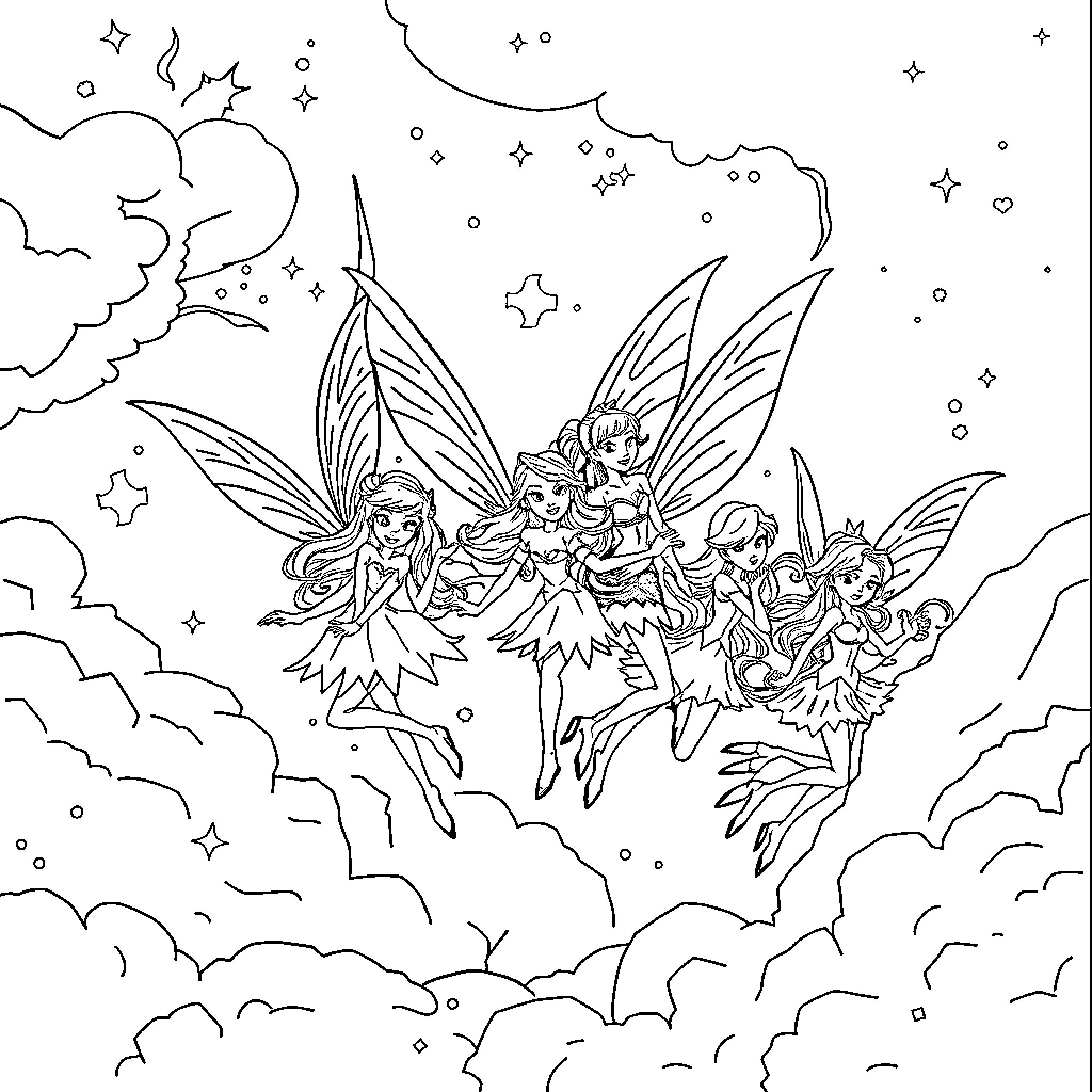 Winx Club fairies dancing among the stars Coloring Page (free black-and-white line drawing printable PDF for all, from beginners to advanced learners, including children, teens, adults, and seniors)