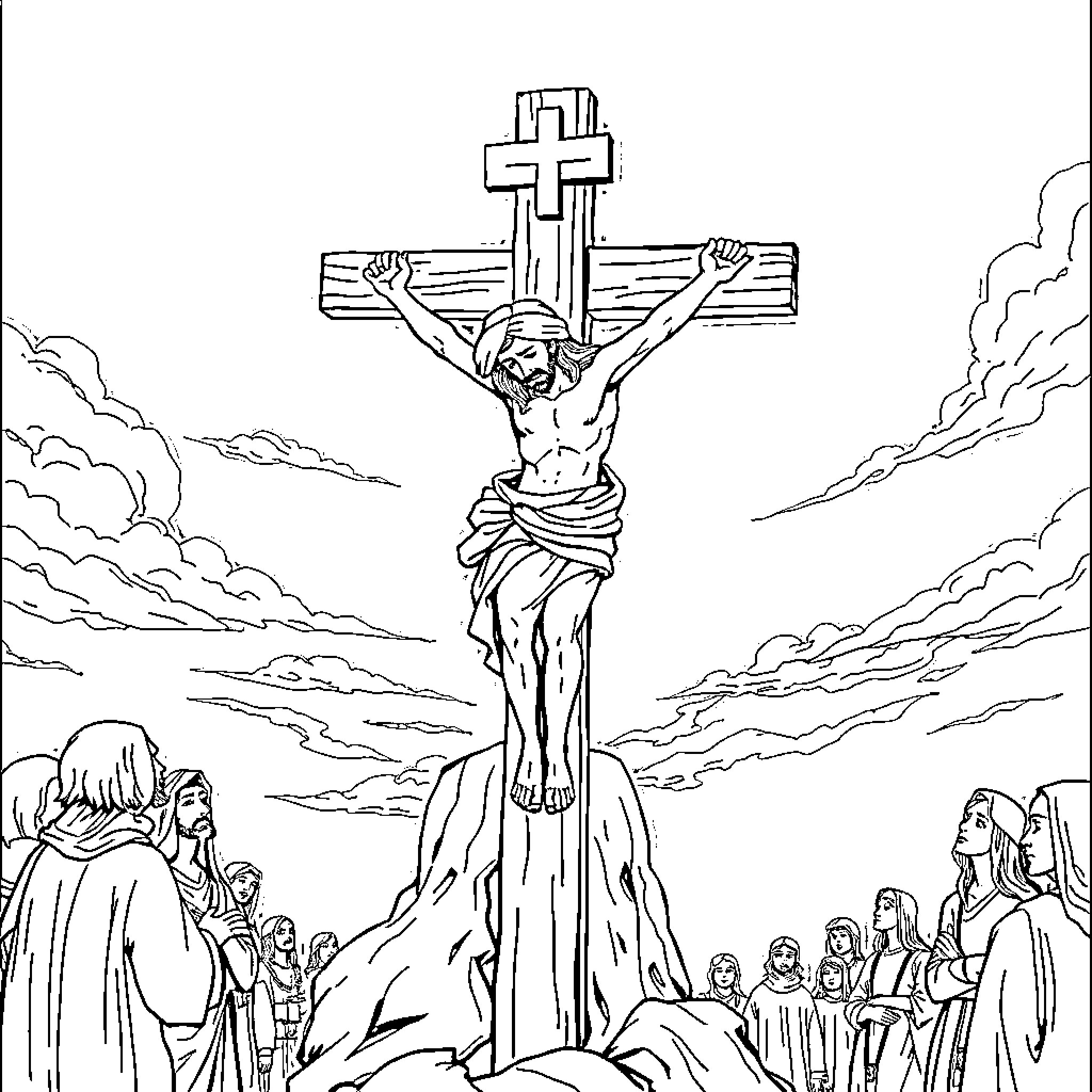 Jesus crucified on the cross before gathered crowd Coloring Page (free black-and-white line drawing printable PDF for all, from beginners to advanced learners, including children, teens, adults, and seniors)