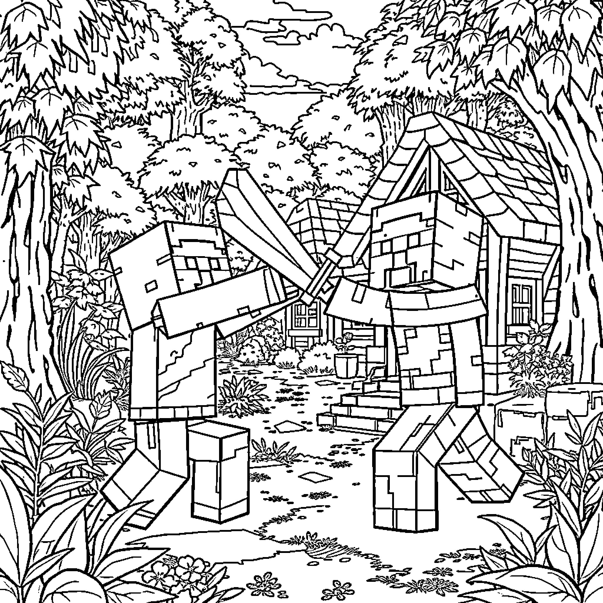 Minecraft Character in an Enchanted Forest Coloring Page (free black-and-white line drawing printable PDF for all, from beginners to advanced learners, including children, teens, adults, and seniors)
