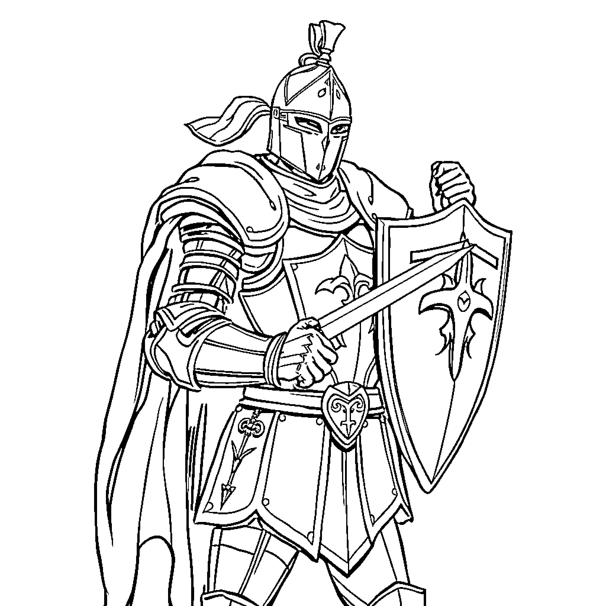 Caballero the Valiant Knight in Armor Coloring Page (free black-and-white line drawing printable PDF for all, from beginners to advanced learners, including children, teens, adults, and seniors)