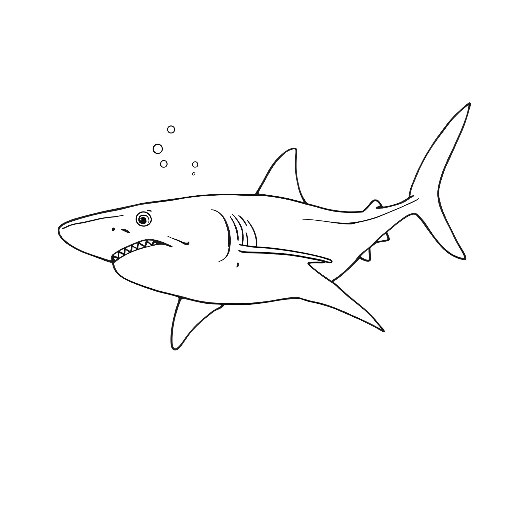 Shark swimming underwater Coloring Page (free black-and-white line drawing printable PDF for all, from beginners to advanced learners, including children, teens, adults, and seniors)
