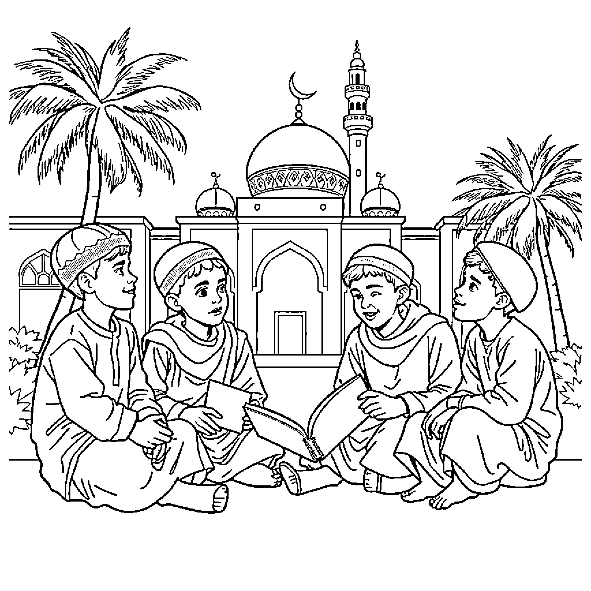 Boys in traditional attire conversing near mosque Coloring Page (free black-and-white line drawing printable PDF for all, from beginners to advanced learners, including children, teens, adults, and seniors)