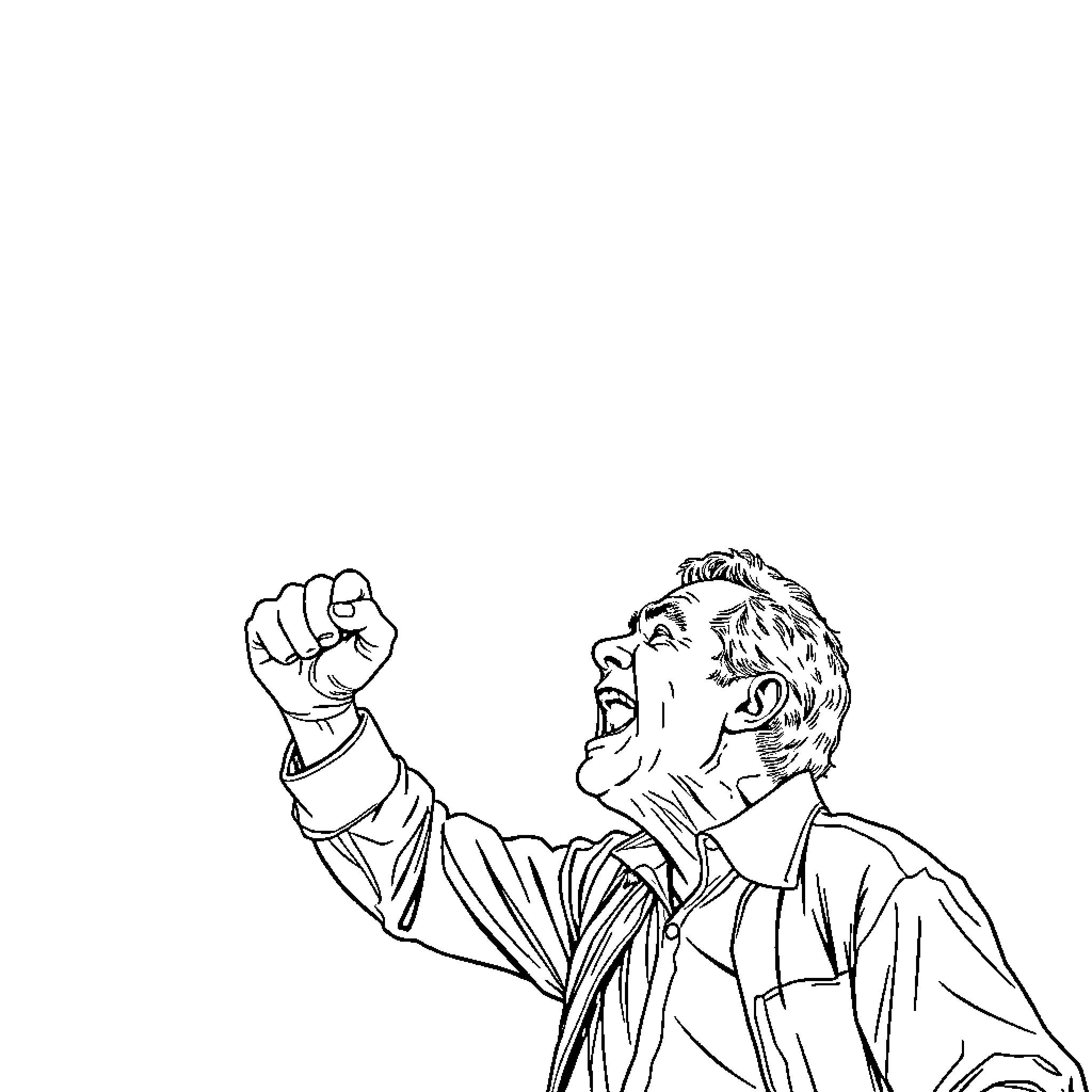 Man with fist raised in defiance Coloring Page (free black-and-white line drawing printable PDF for all, from beginners to advanced learners, including children, teens, adults, and seniors)