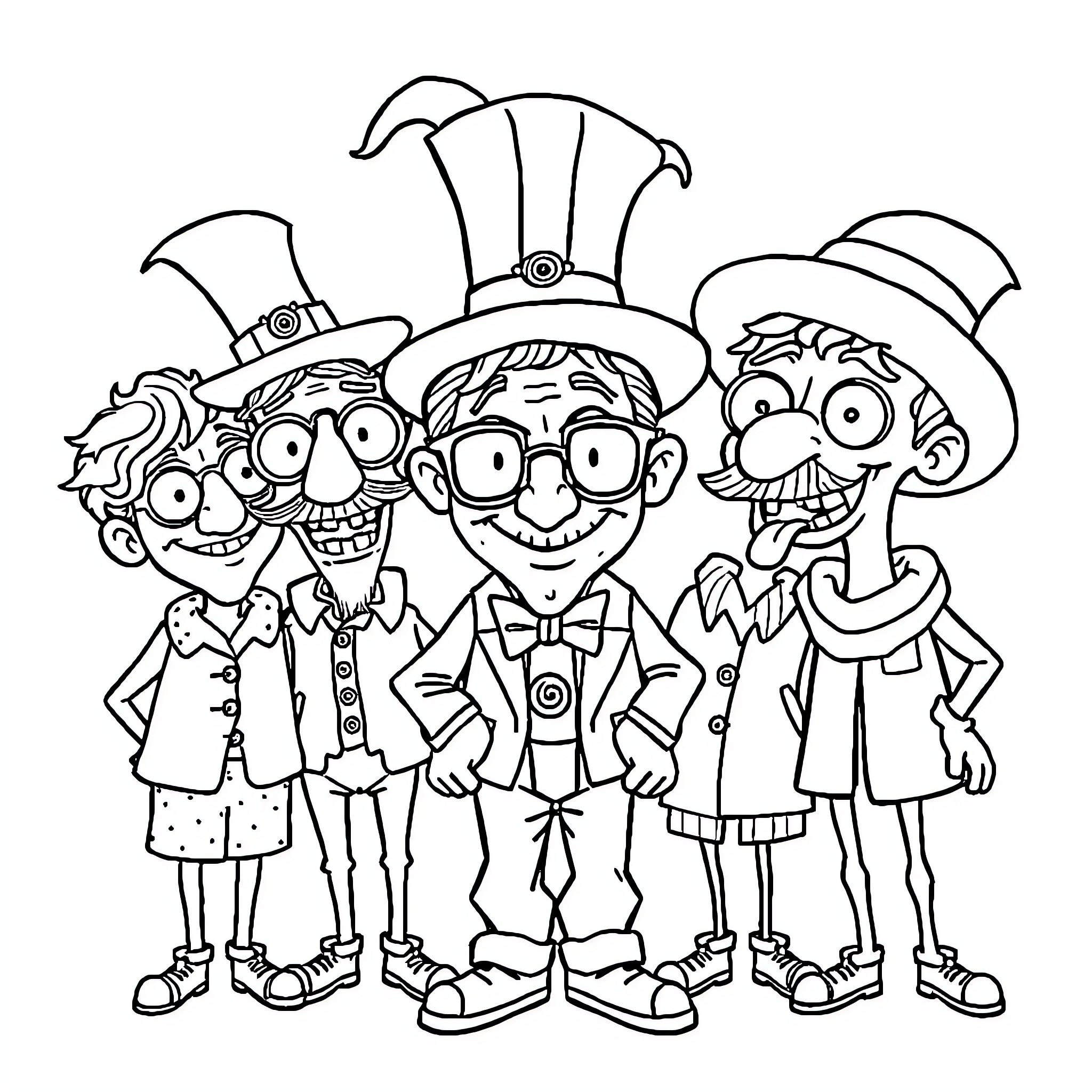 Character Trio of Whimsical, Goofy-Looking People in Silly Hats Coloring Page (free black-and-white line drawing printable PDF for all, from beginners to advanced learners, including children, teens, adults, and seniors)