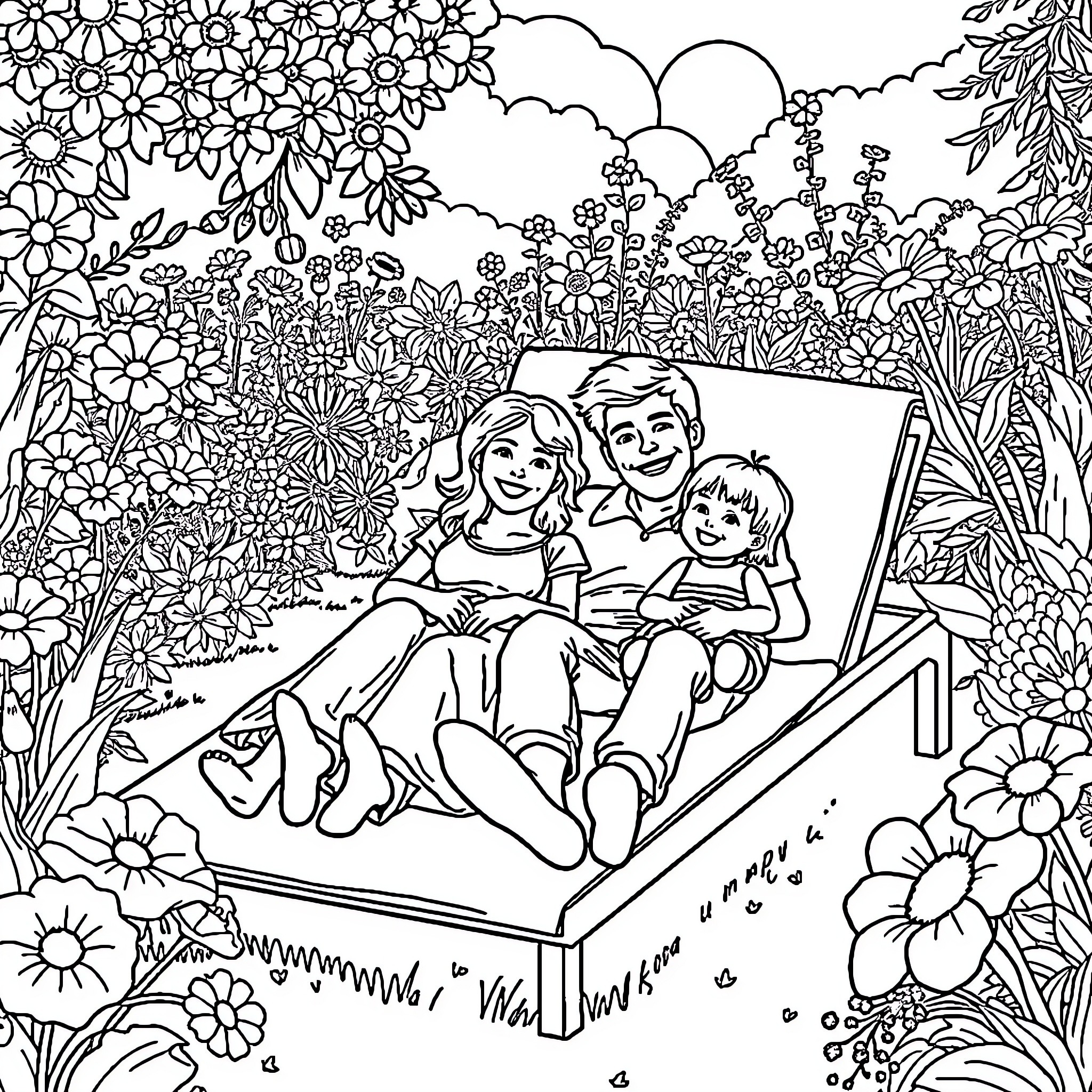 Family enjoying a picnic in a flower-filled garden Coloring Page (free black-and-white line drawing printable PDF for all, from beginners to advanced learners, including children, teens, adults, and seniors)