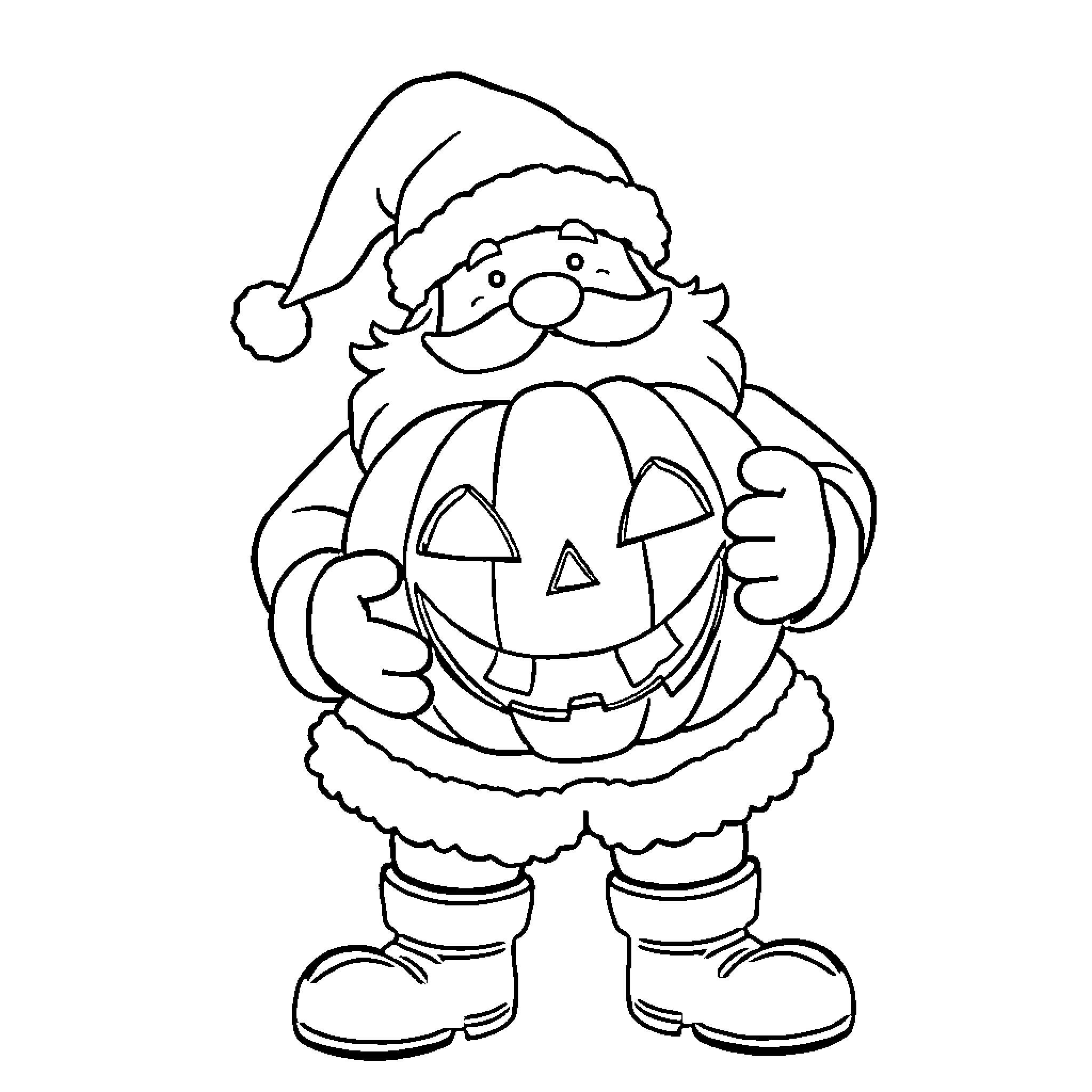 Santa with Pumpkin Basket Coloring Page (free black-and-white line drawing printable PDF for all, from beginners to advanced learners, including children, teens, adults, and seniors)