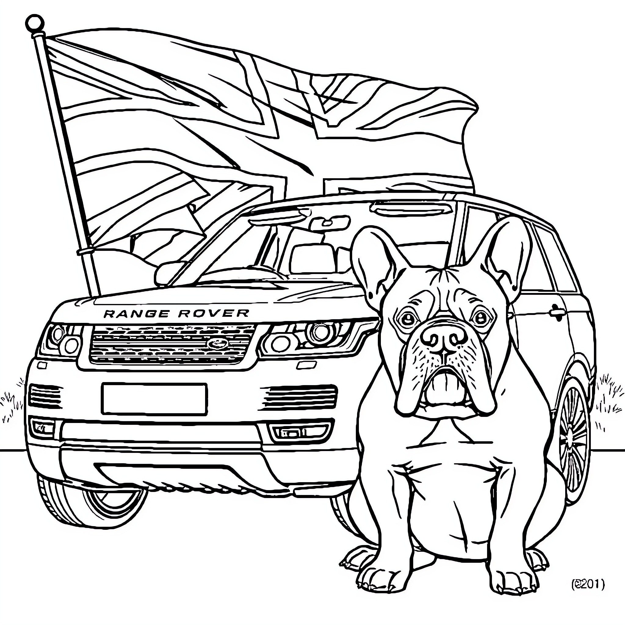 British Flag with Range Rover and Bulldog Coloring Page (free black-and-white line drawing printable PDF for all, from beginners to advanced learners, including children, teens, adults, and seniors)