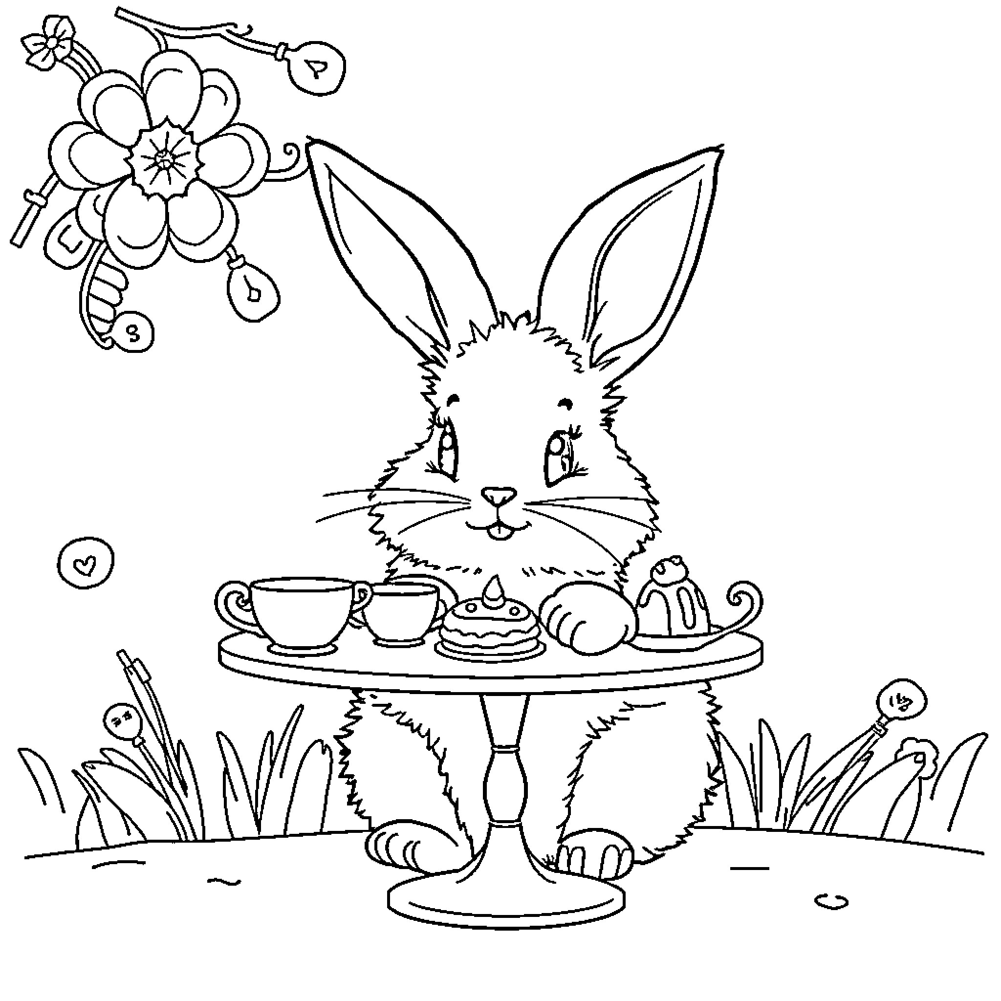 Bunny enjoying a tea party with flowers Coloring Page (free black-and-white line drawing printable PDF for all, from beginners to advanced learners, including children, teens, adults, and seniors)