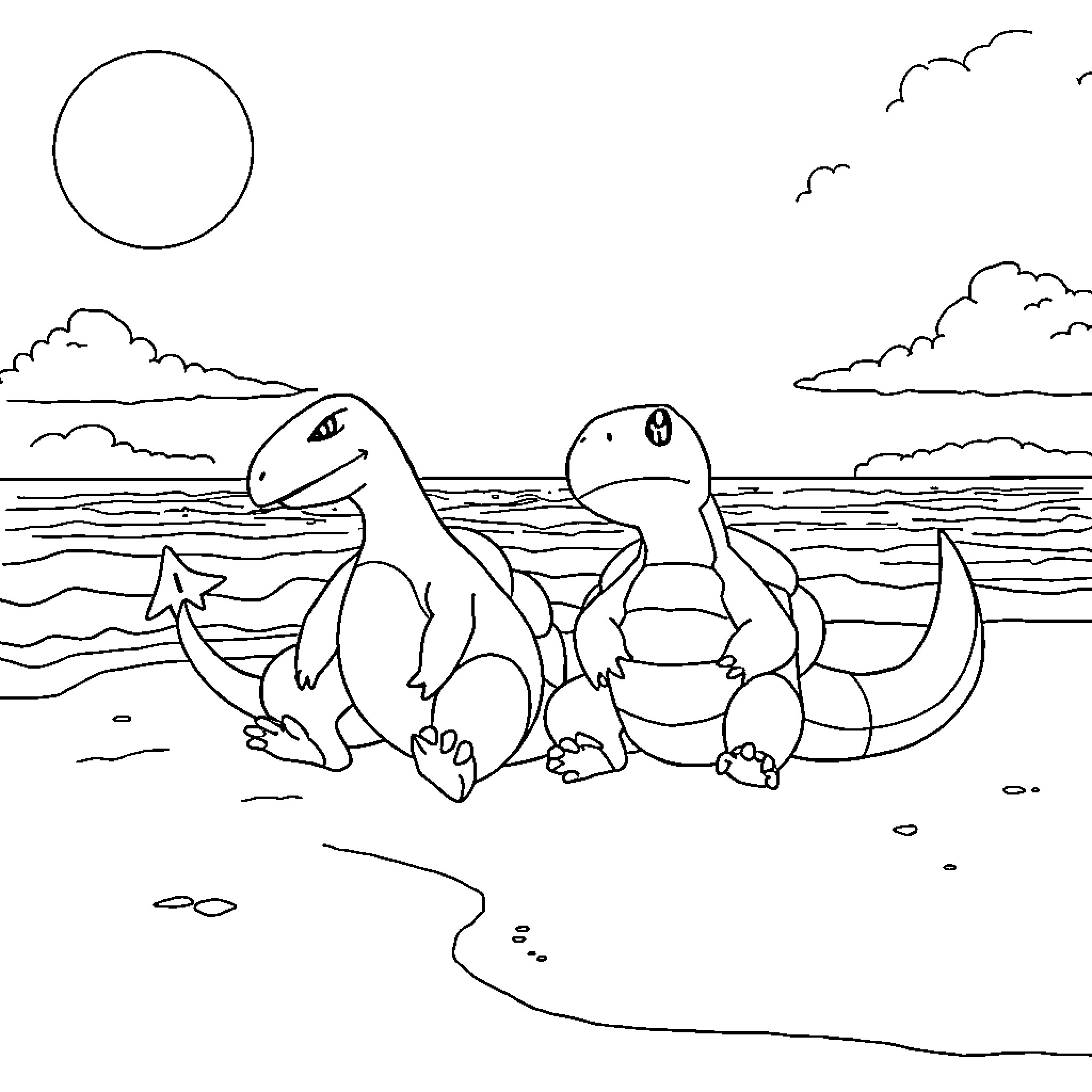 Charizard enjoying the beach with friends Coloring Page (free black-and-white line drawing printable PDF for all, from beginners to advanced learners, including children, teens, adults, and seniors)