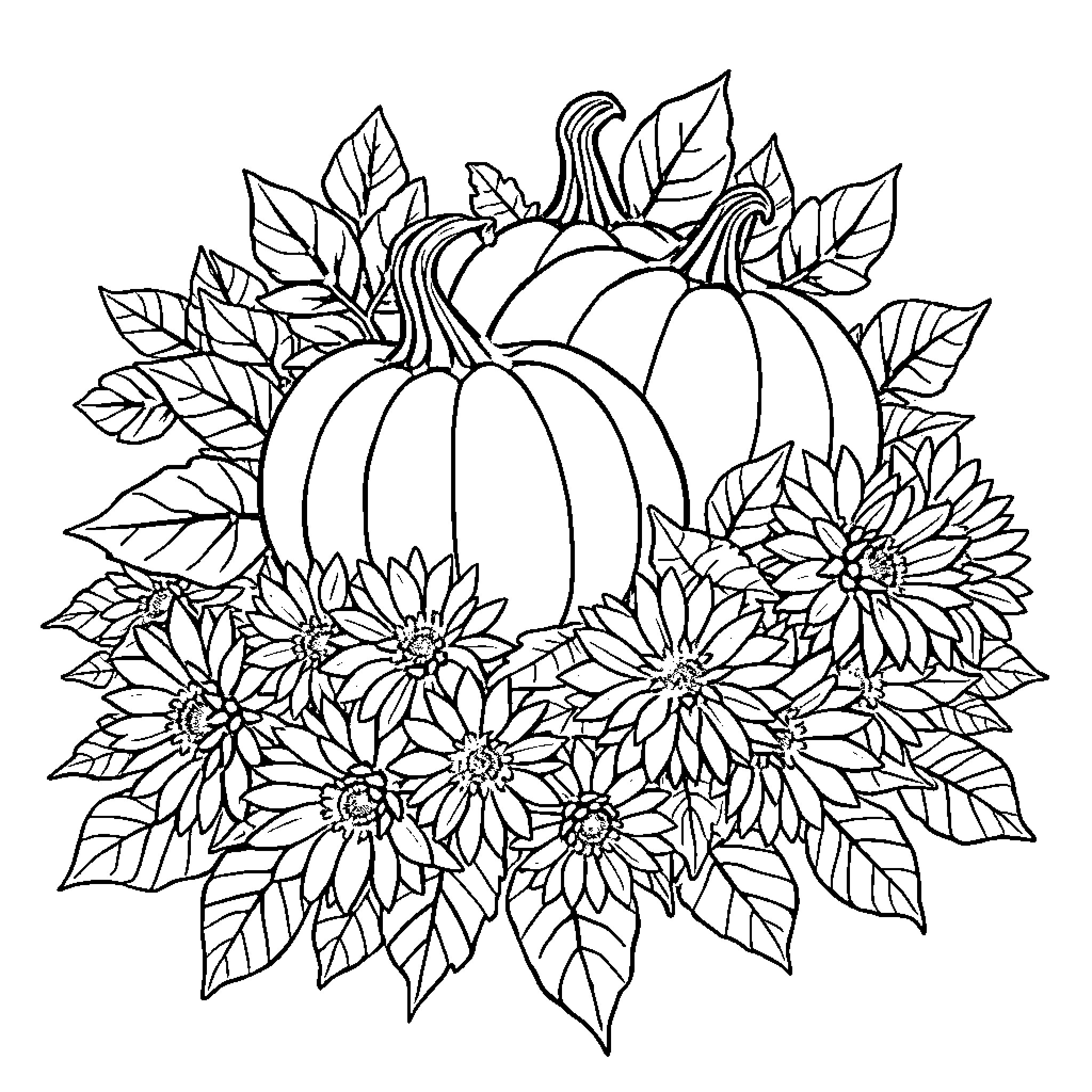 Pumpkins surrounded by autumn leaves and flowers Coloring Page (free black-and-white line drawing printable PDF for all, from beginners to advanced learners, including children, teens, adults, and seniors)