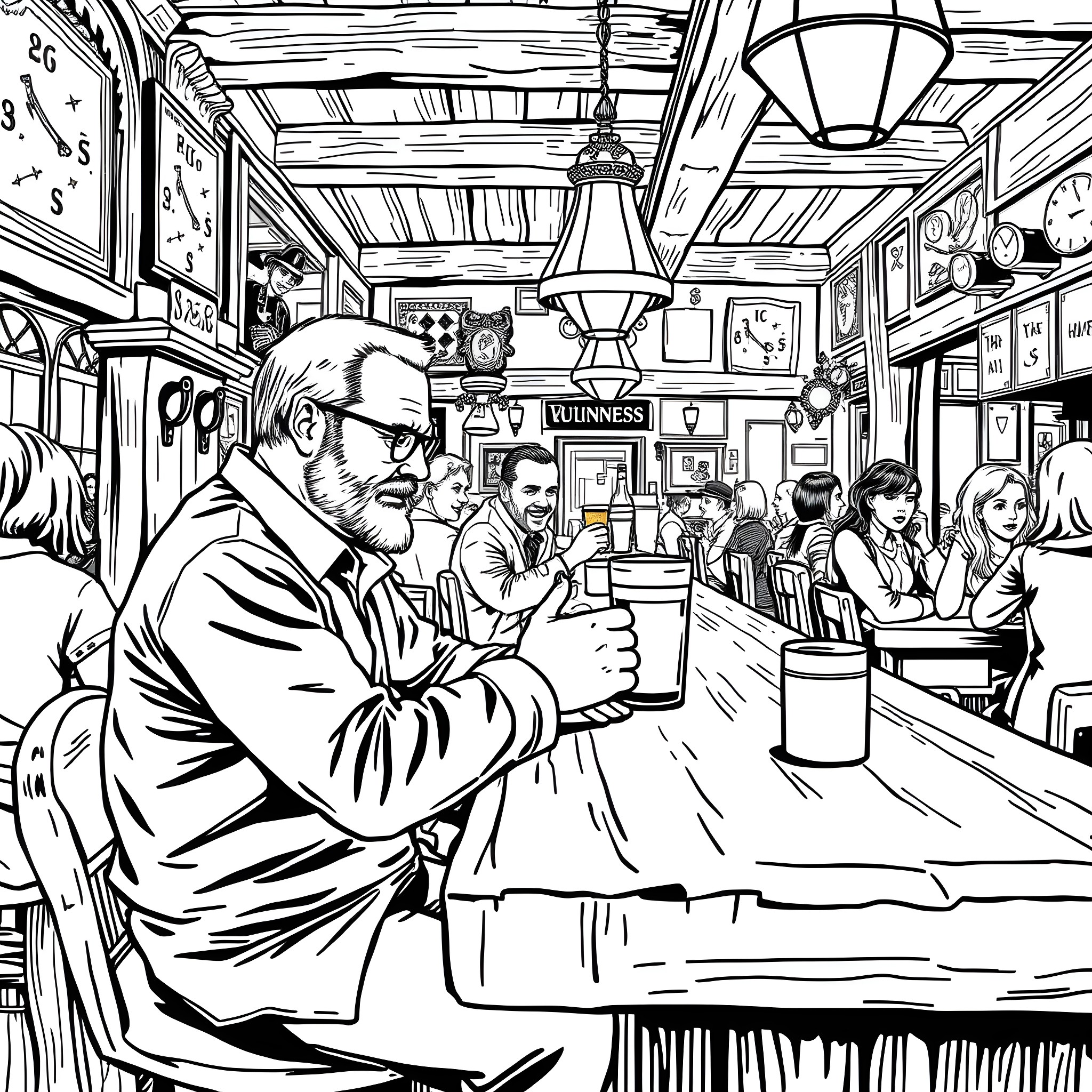 Walter White in a Crowded Diner Scene Coloring Page (free black-and-white line drawing printable PDF for all, from beginners to advanced learners, including children, teens, adults, and seniors)