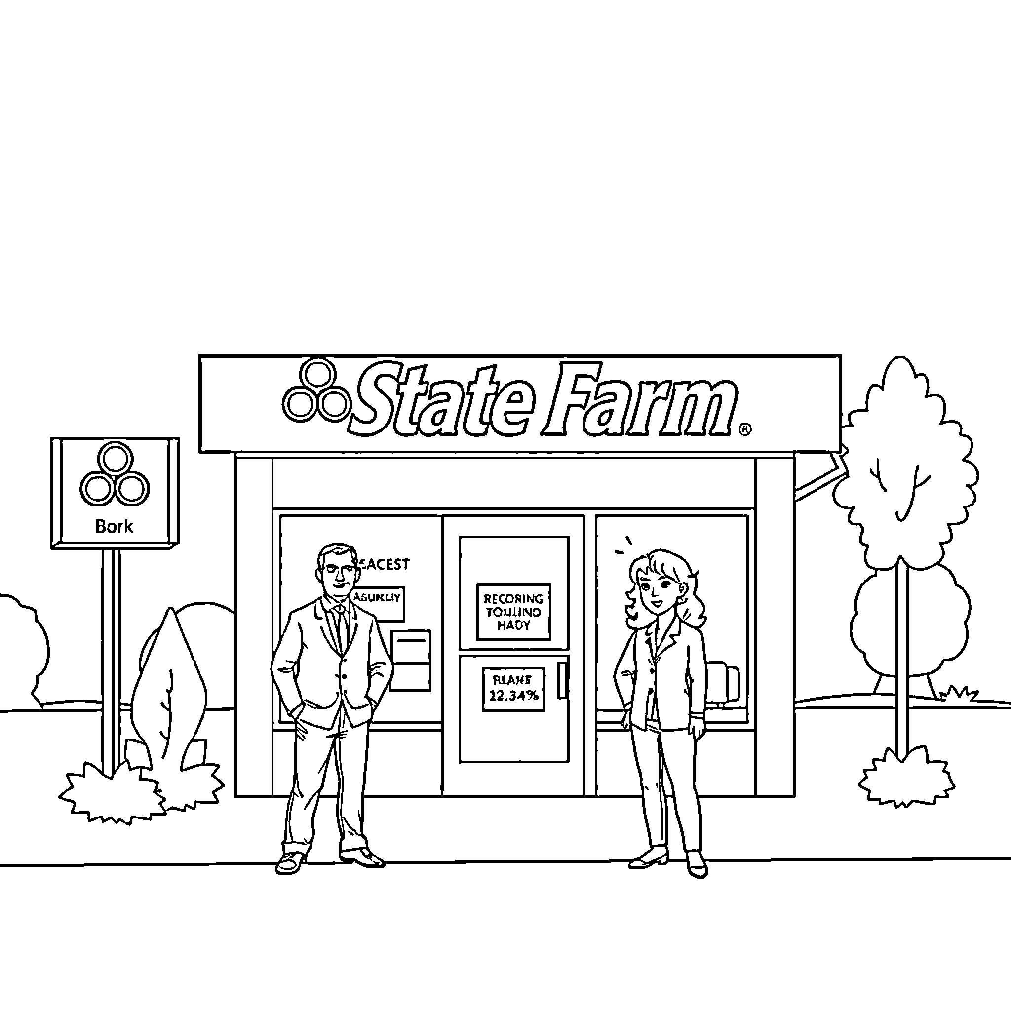 State Farm agents assisting customers at office Coloring Page (free black-and-white line drawing printable PDF for all, from beginners to advanced learners, including children, teens, adults, and seniors)