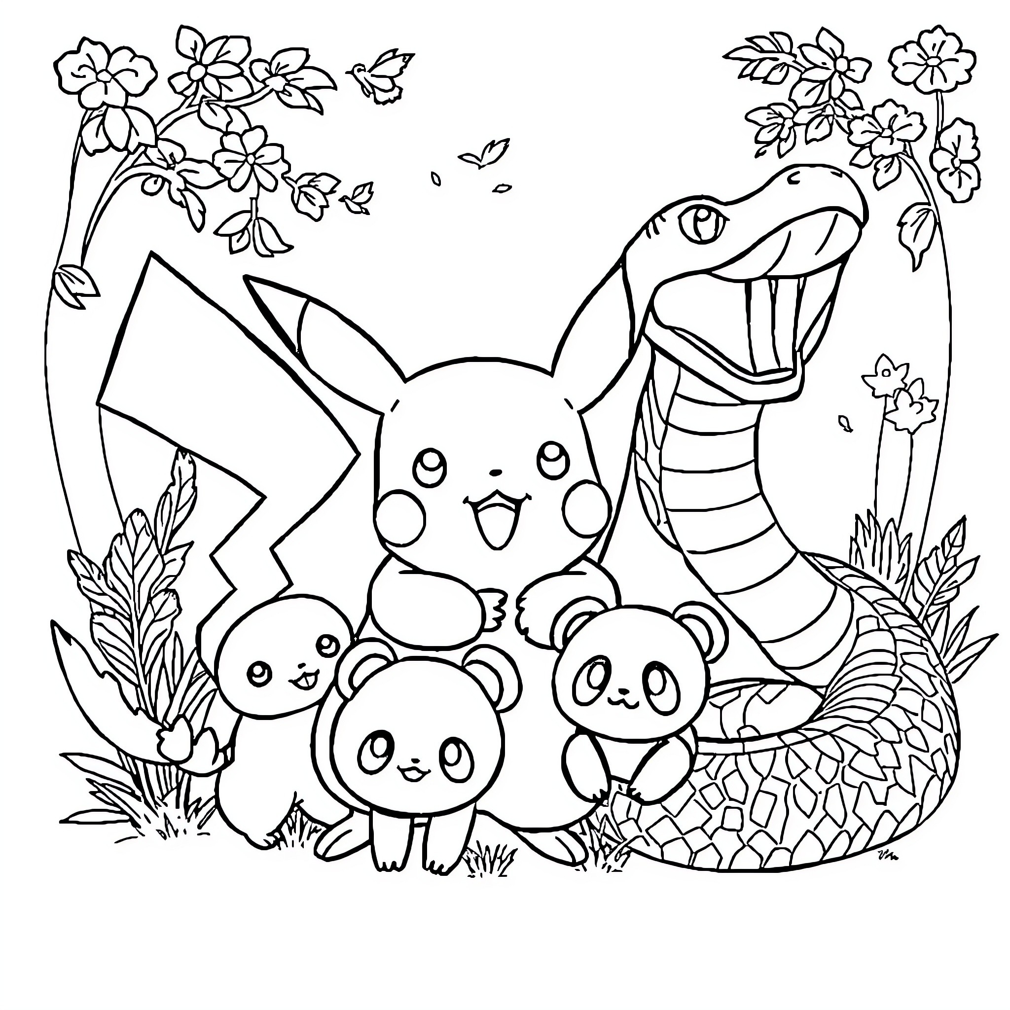 Pikachu and friends in a floral wonderland Coloring Page (free black-and-white line drawing printable PDF for all, from beginners to advanced learners, including children, teens, adults, and seniors)