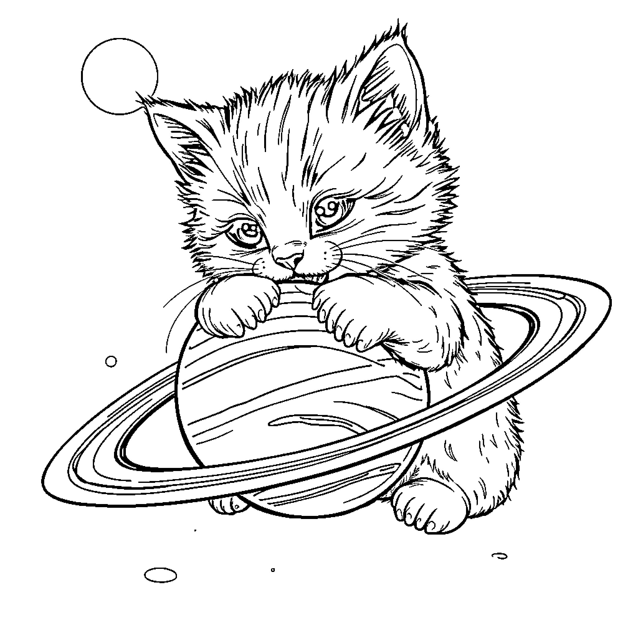 Kitty playing in cosmic swirl Coloring Page (free black-and-white line drawing printable PDF for all, from beginners to advanced learners, including children, teens, adults, and seniors)