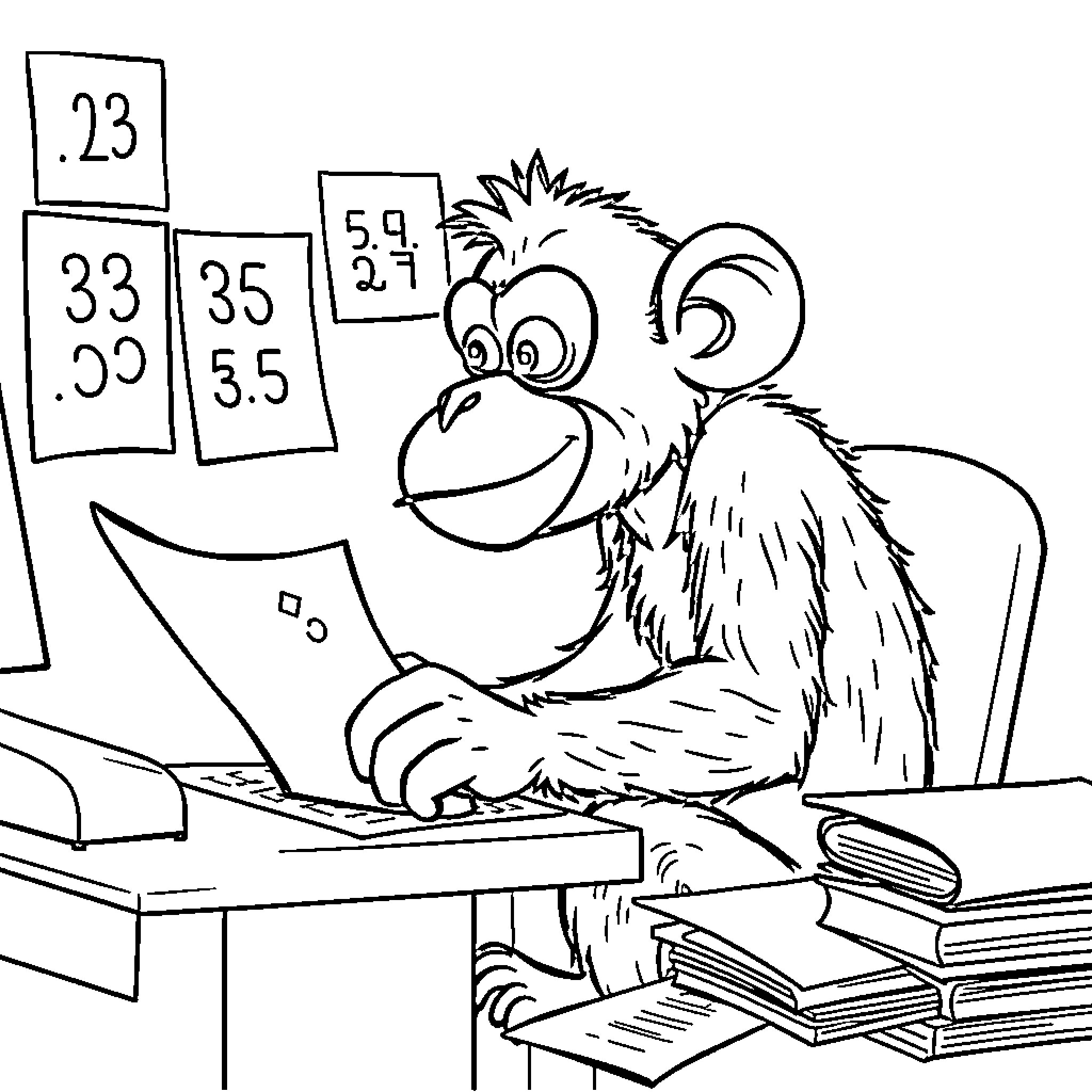 Monkey studying math problems on a computer Coloring Page (free black-and-white line drawing printable PDF for all, from beginners to advanced learners, including children, teens, adults, and seniors)
