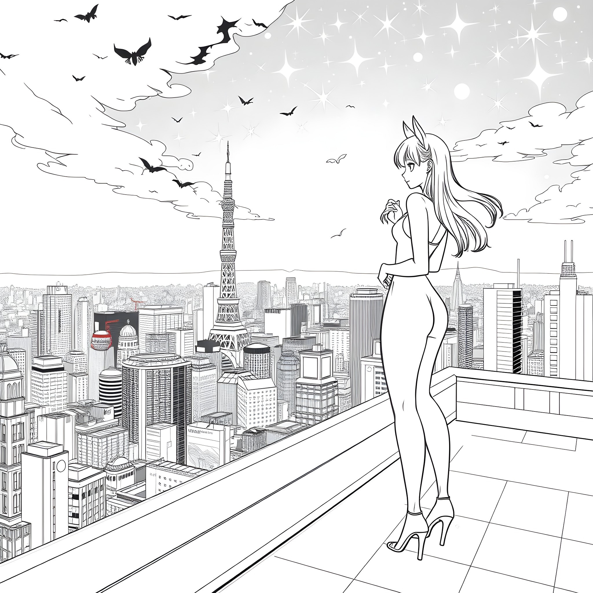 Freiren enjoying city view with bats in the sky Coloring Page (free black-and-white line drawing printable PDF for all, from beginners to advanced learners, including children, teens, adults, and seniors)