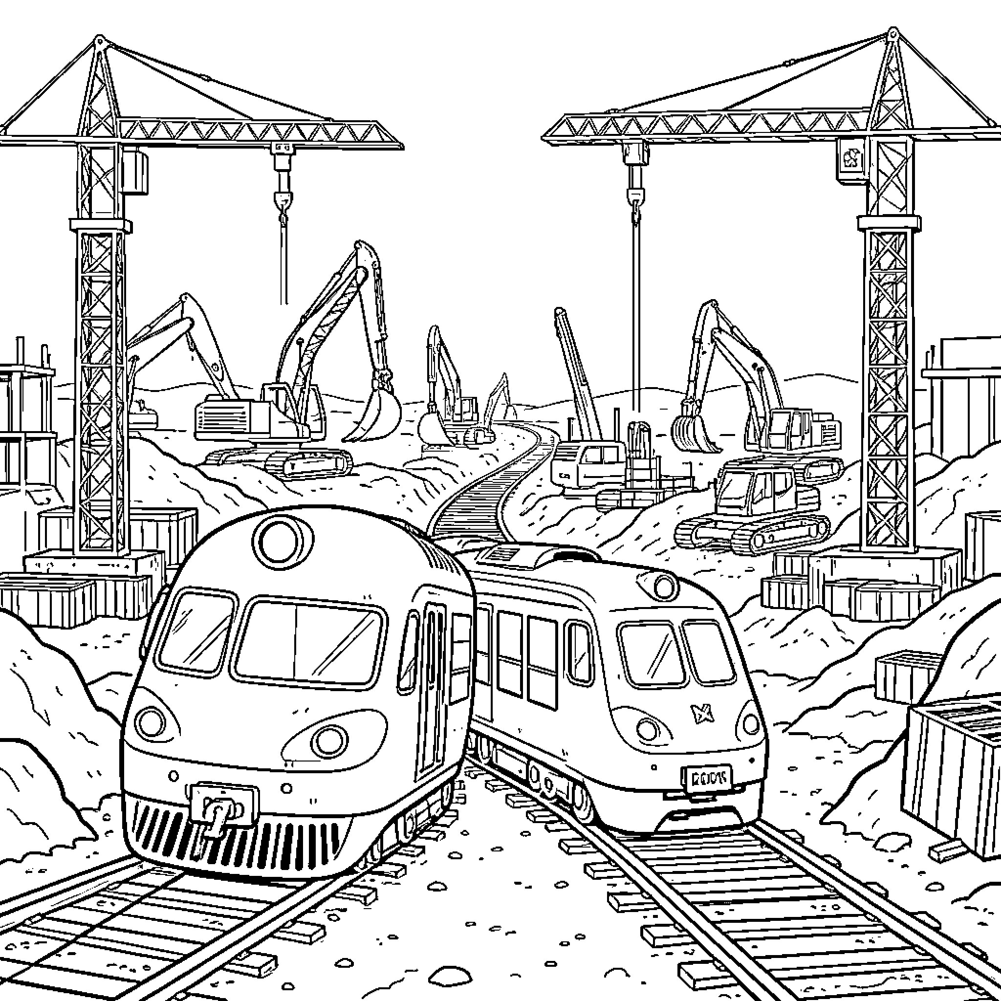 Train Commuters Amid Construction Site Coloring Page (free black-and-white line drawing printable PDF for all, from beginners to advanced learners, including children, teens, adults, and seniors)