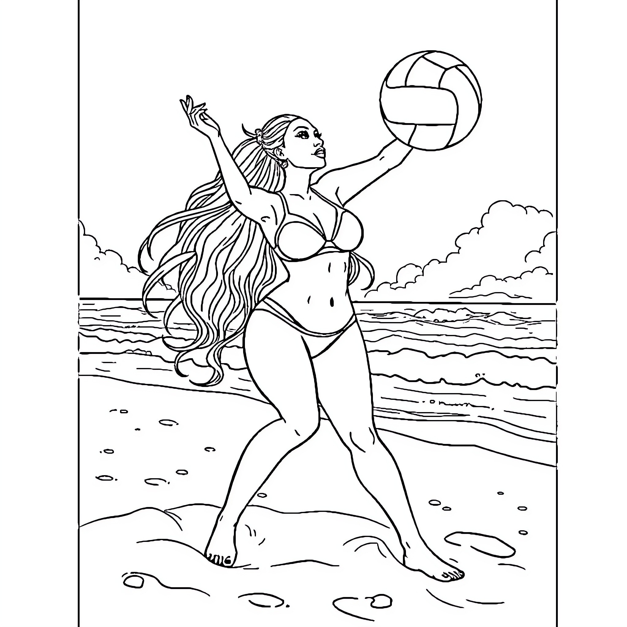 Nicki Minaj playing volleyball at the beach Coloring Page (free black-and-white line drawing printable PDF for all, from beginners to advanced learners, including children, teens, adults, and seniors)