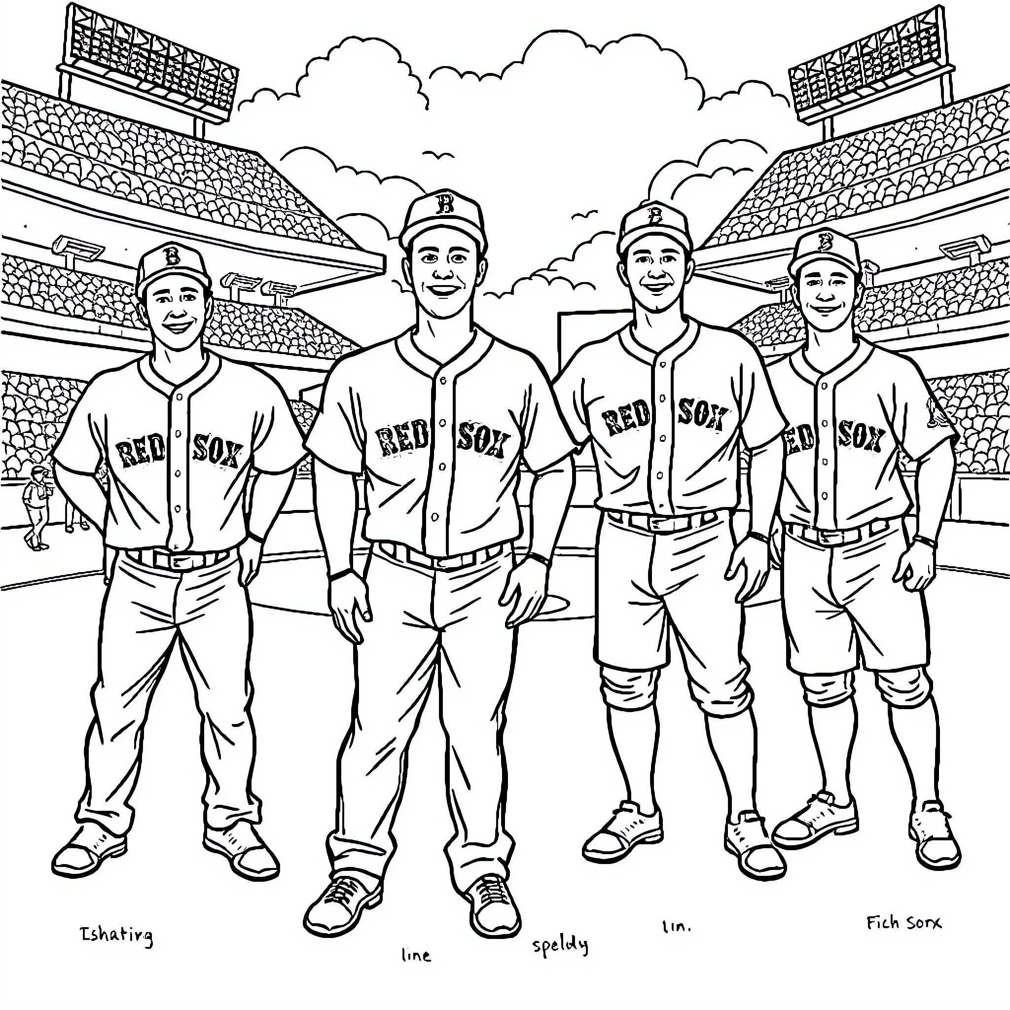 Red Sox players in baseball stadium Coloring Page (free black-and-white line drawing printable PDF for all, from beginners to advanced learners, including children, teens, adults, and seniors)