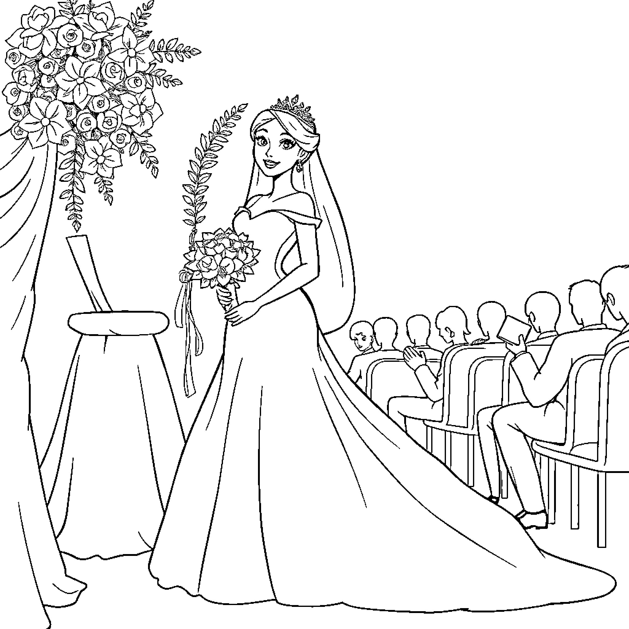 Princess in a Lovely Floral Wedding Gown Coloring Page (free black-and-white line drawing printable PDF for all, from beginners to advanced learners, including children, teens, adults, and seniors)