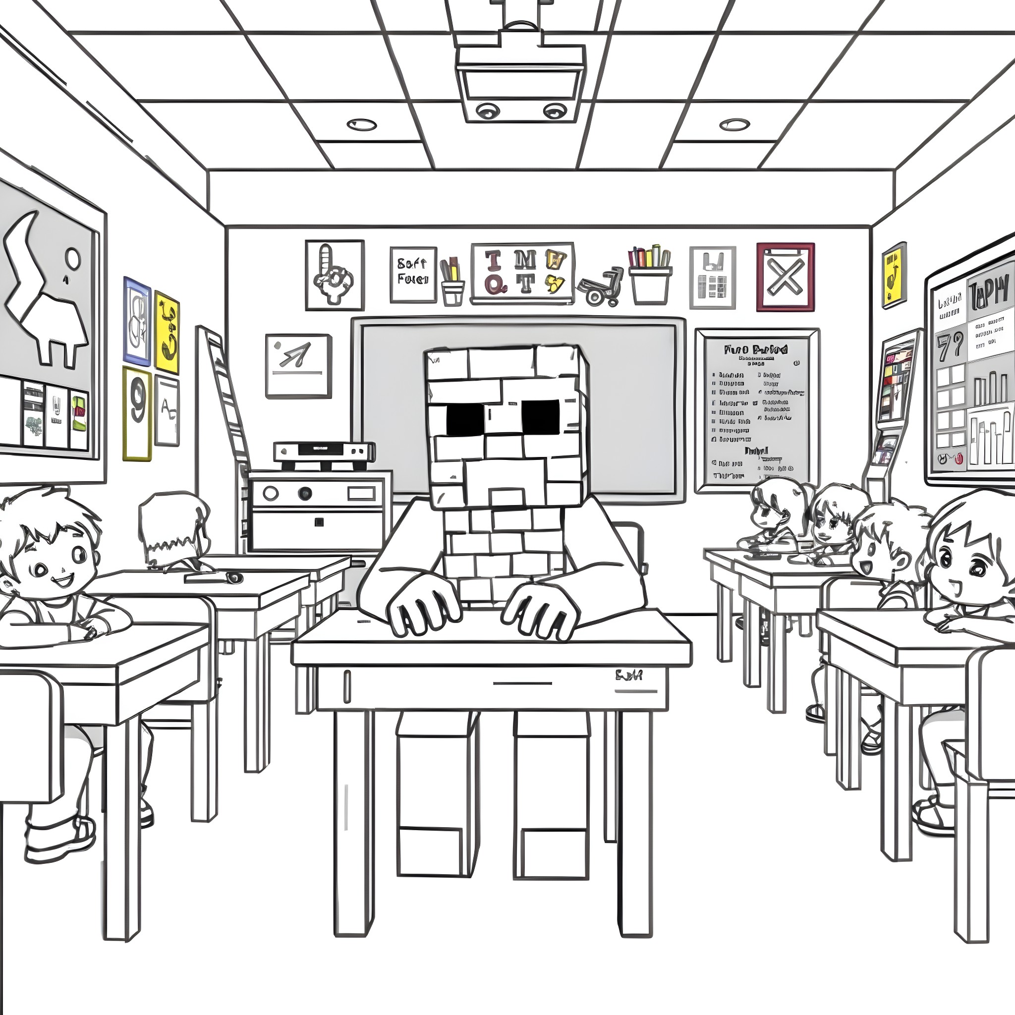 Creeper Terrorizing Students in Classroom Coloring Page (free black-and-white line drawing printable PDF for all, from beginners to advanced learners, including children, teens, adults, and seniors)