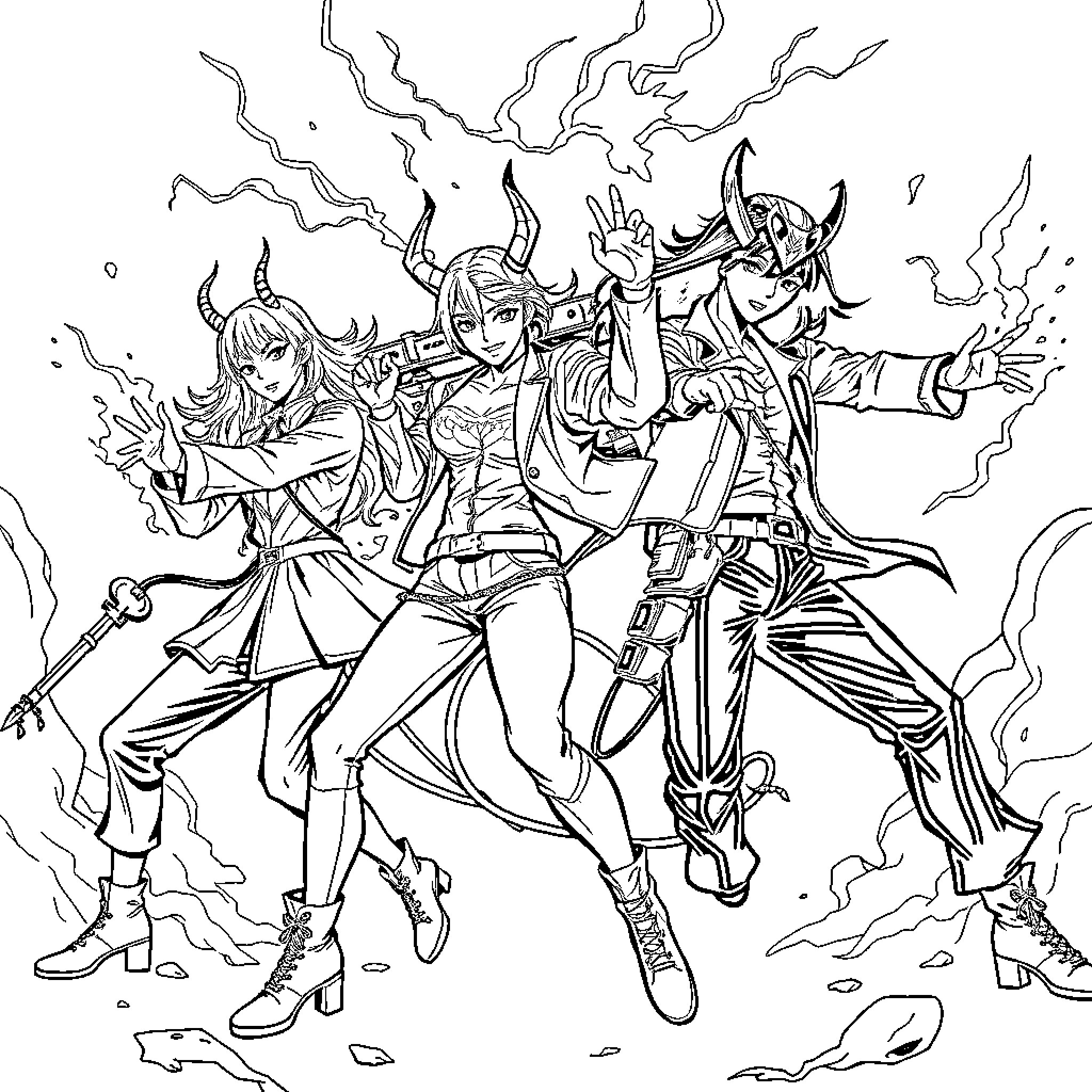 Demon Hunter Warriors Fiercely Battling Enemies Coloring Page (free black-and-white line drawing printable PDF for all, from beginners to advanced learners, including children, teens, adults, and seniors)