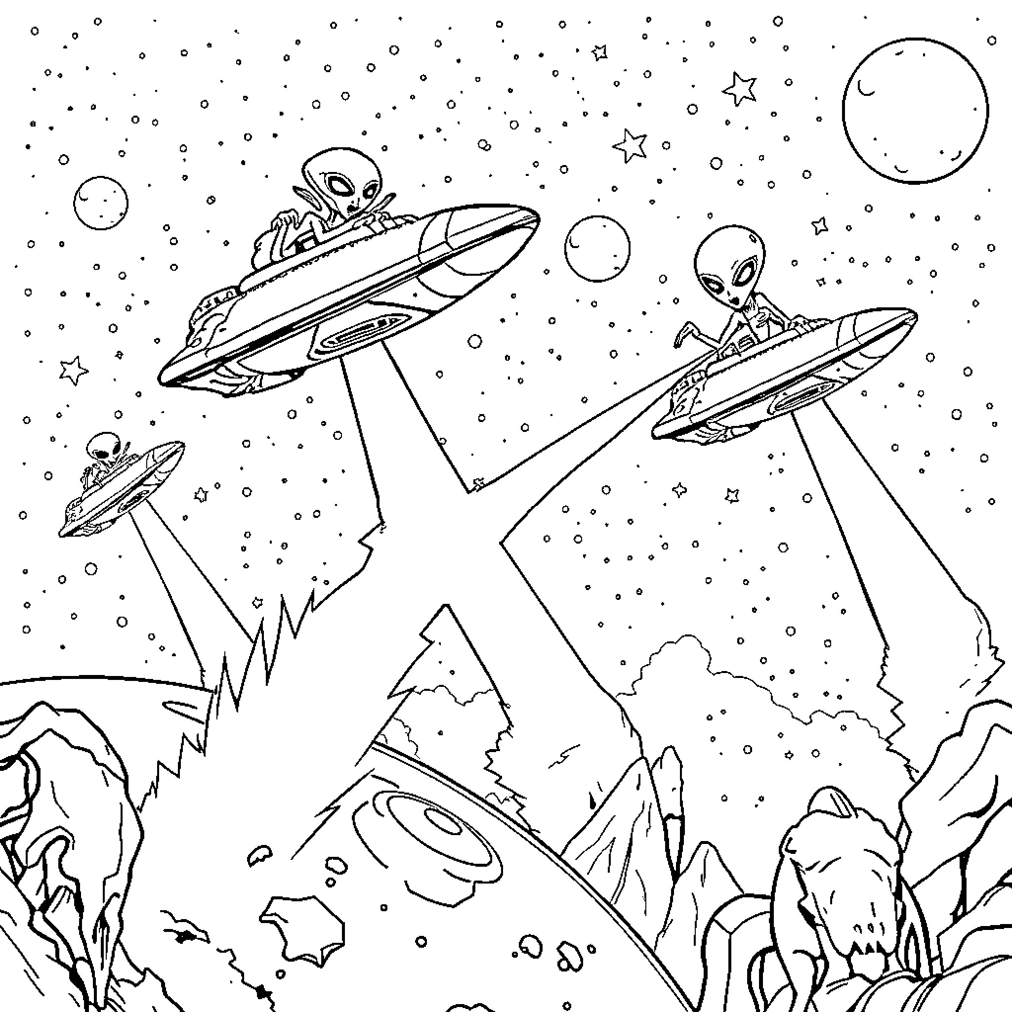 Alien spacecraft soaring through cosmic landscape Coloring Page (free black-and-white line drawing printable PDF for all, from beginners to advanced learners, including children, teens, adults, and seniors)
