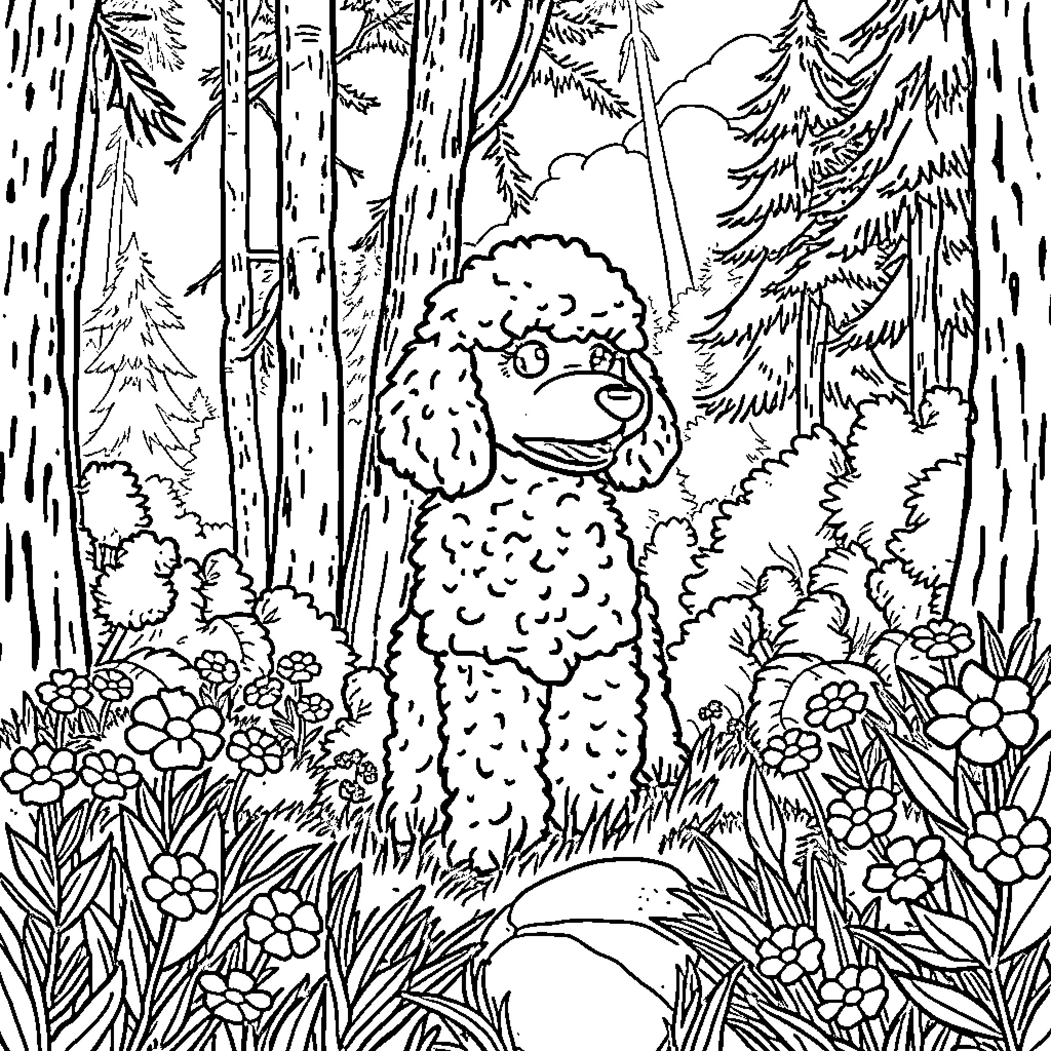 Poodle exploring the enchanting forest Coloring Page (free black-and-white line drawing printable PDF for all, from beginners to advanced learners, including children, teens, adults, and seniors)