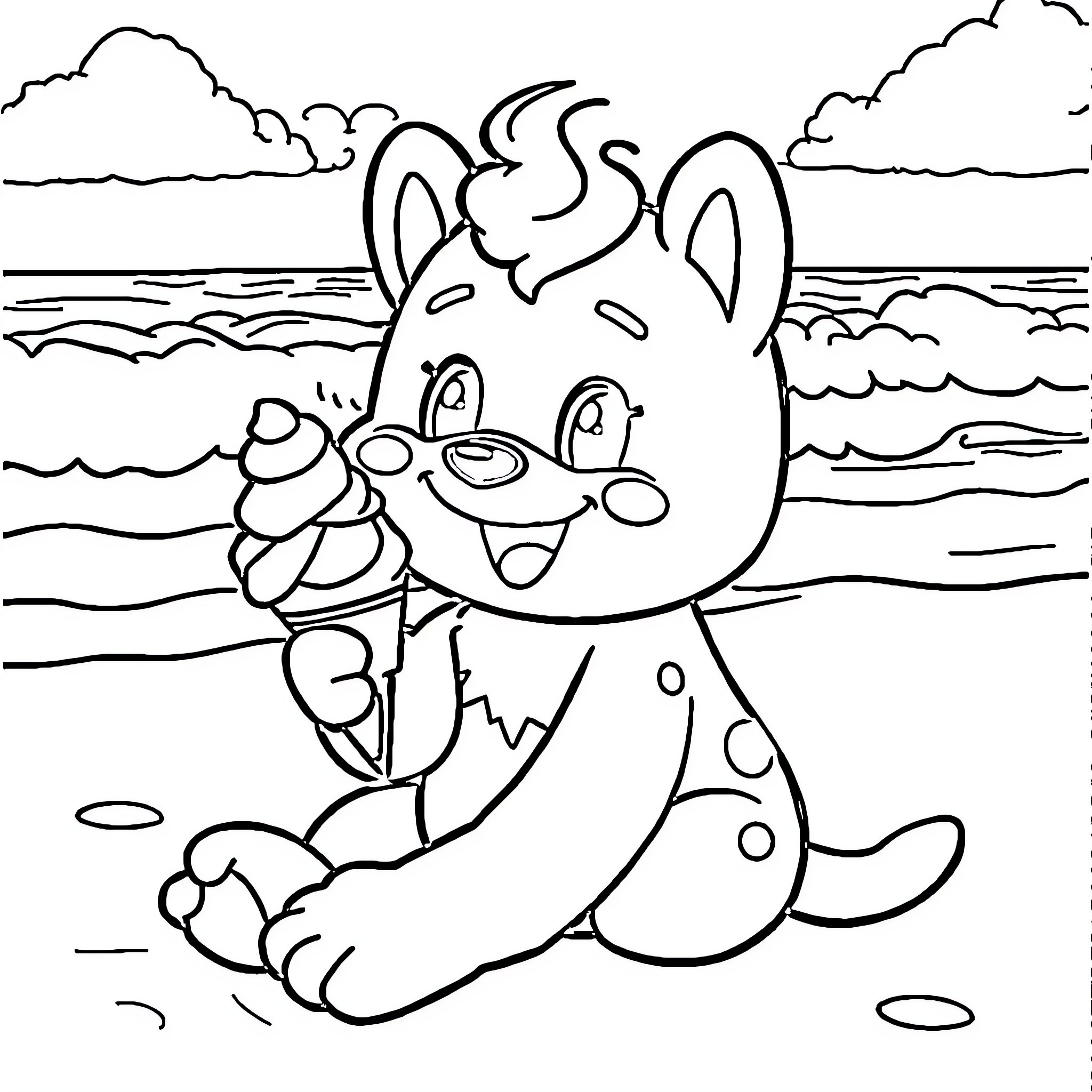 Labubu playing with waves on the beach Coloring Page (free black-and-white line drawing printable PDF for all, from beginners to advanced learners, including children, teens, adults, and seniors)