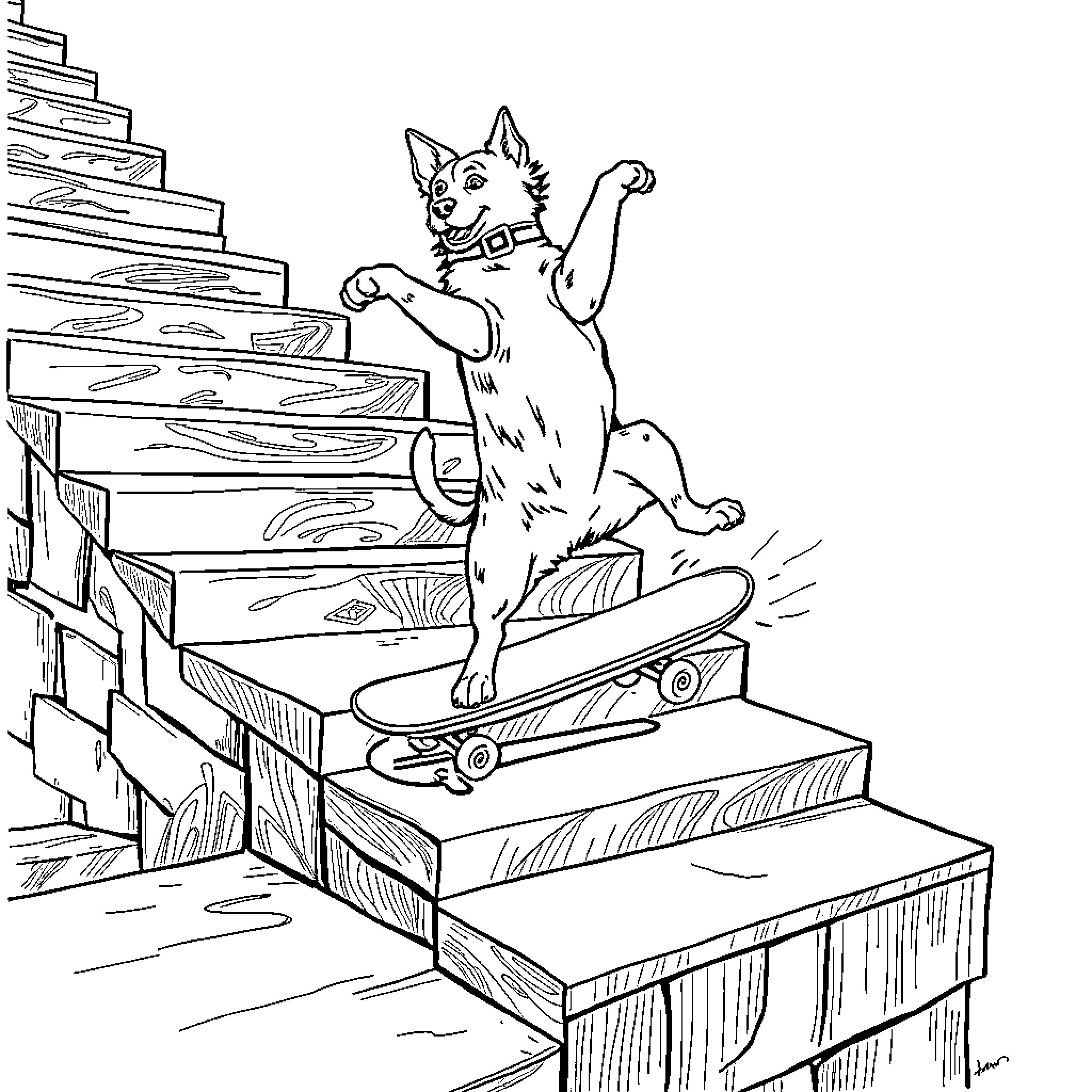 Dog riding skateboard down wooden stairs Coloring Page (free black-and-white line drawing printable PDF for all, from beginners to advanced learners, including children, teens, adults, and seniors)