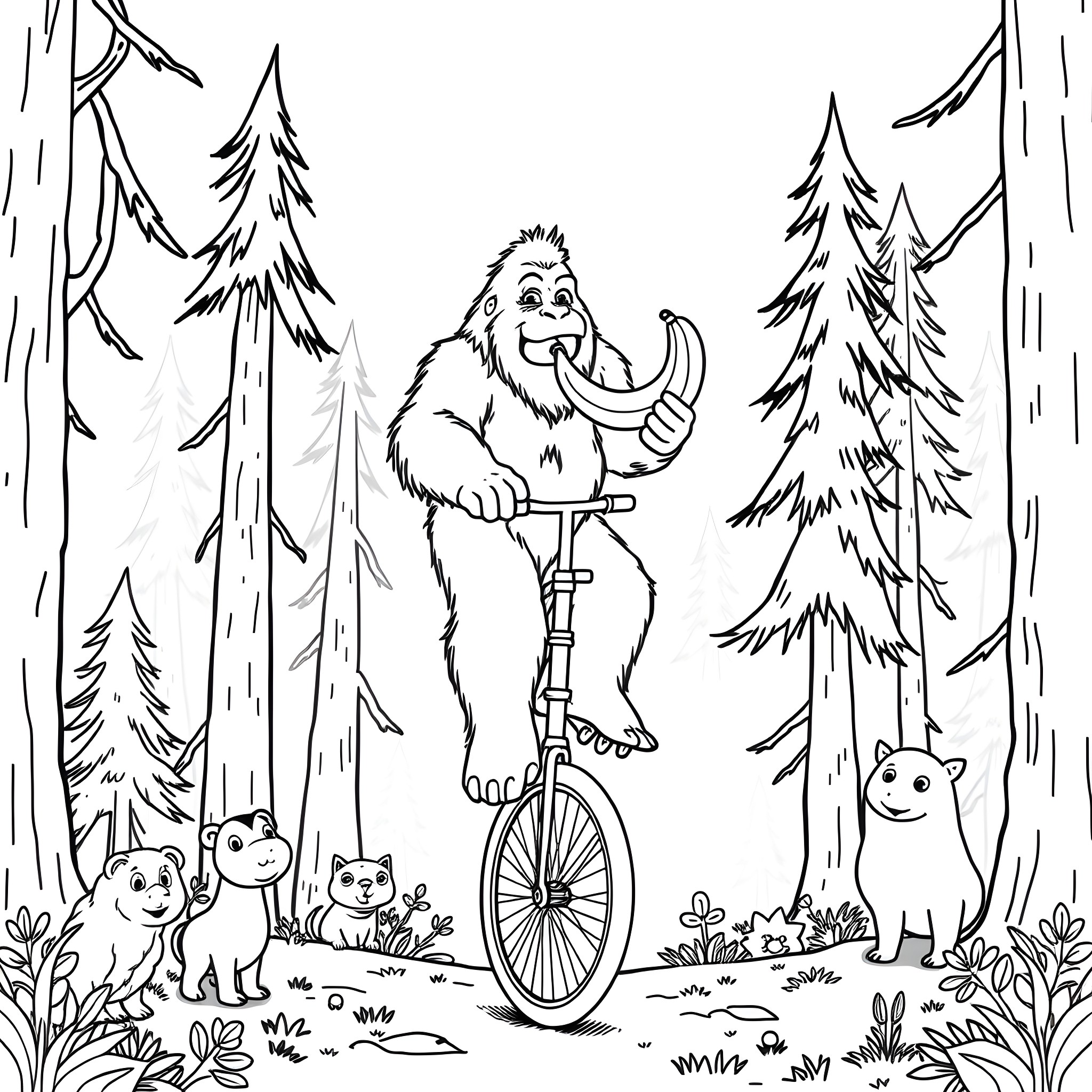 Bigfoot riding a unicycle in the forest Coloring Page (free black-and-white line drawing printable PDF for all, from beginners to advanced learners, including children, teens, adults, and seniors)