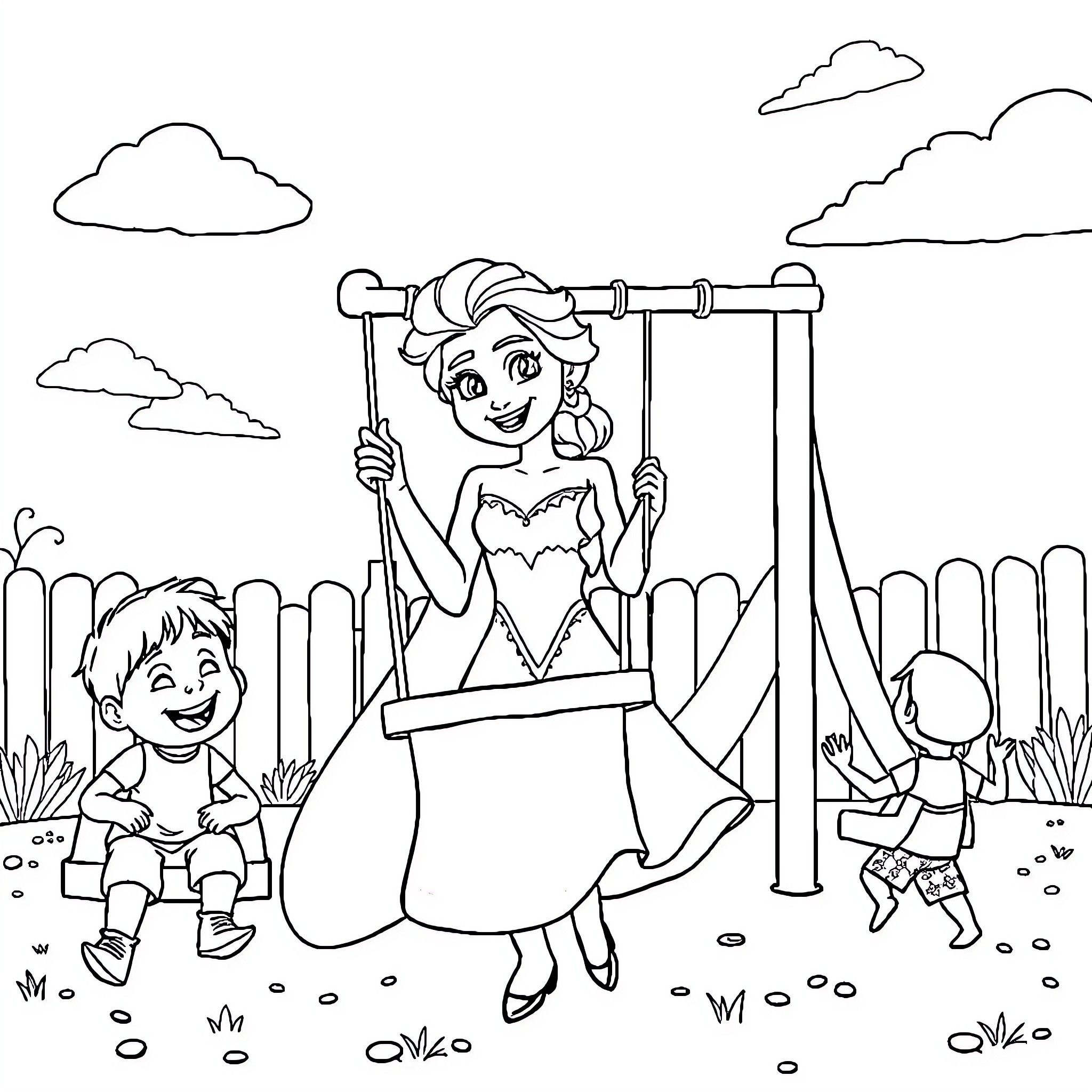 Elsa enjoys a day of fun and play with children Coloring Page (free black-and-white line drawing printable PDF for all, from beginners to advanced learners, including children, teens, adults, and seniors)