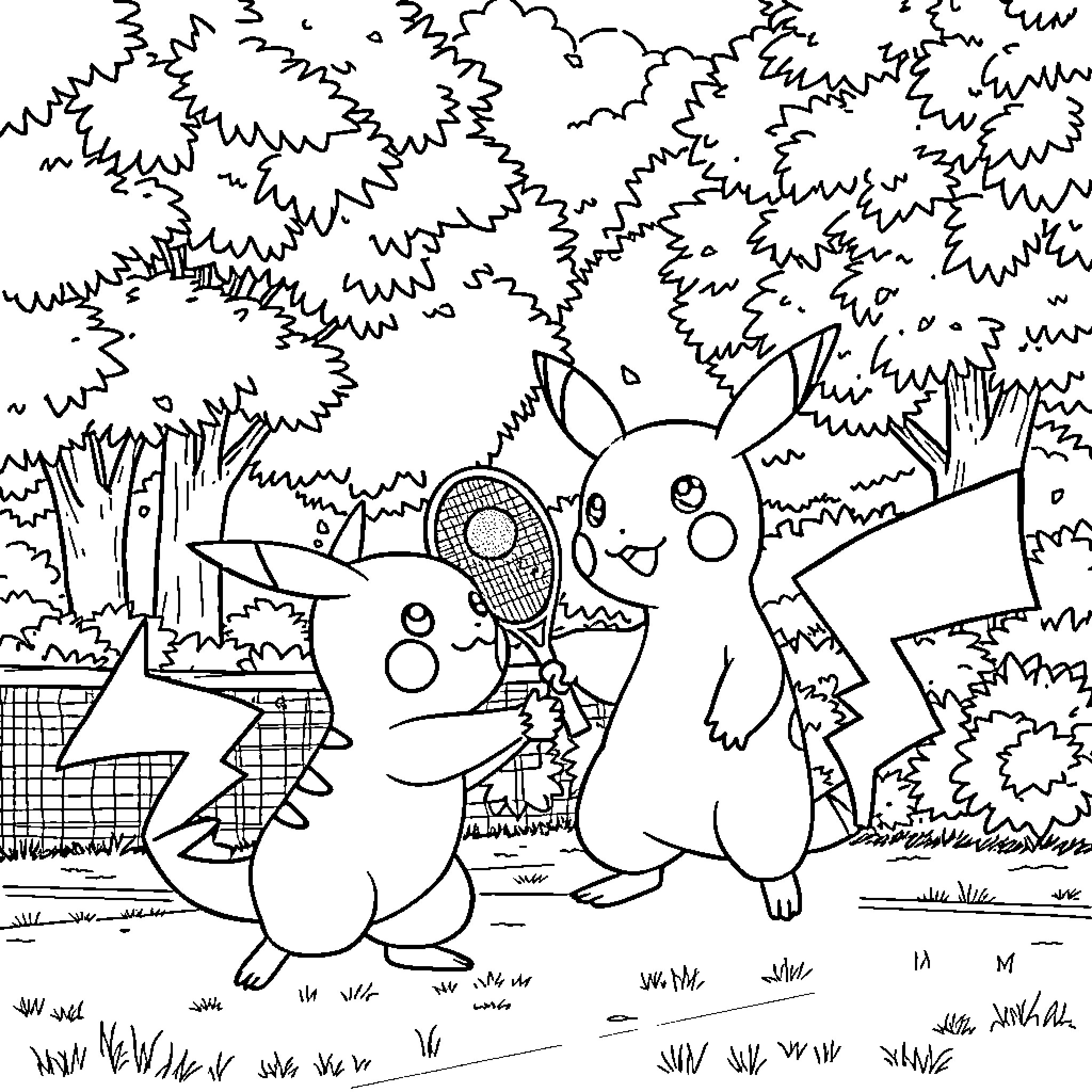 Pikachu playing in the forest with friends Coloring Page (free black-and-white line drawing printable PDF for all, from beginners to advanced learners, including children, teens, adults, and seniors)