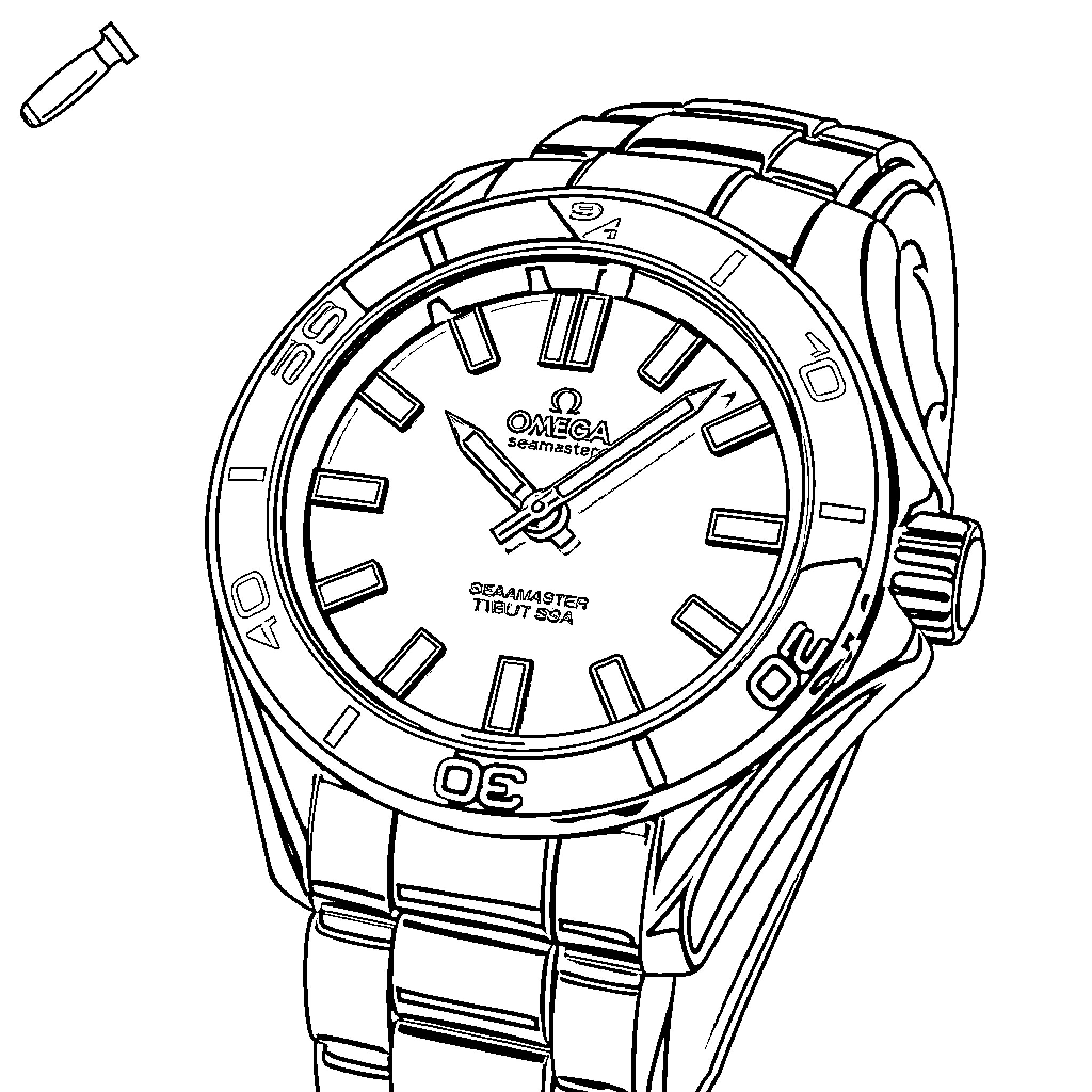 Watch a sleek and stylish timepiece Coloring Page (free black-and-white line drawing printable PDF for all, from beginners to advanced learners, including children, teens, adults, and seniors)
