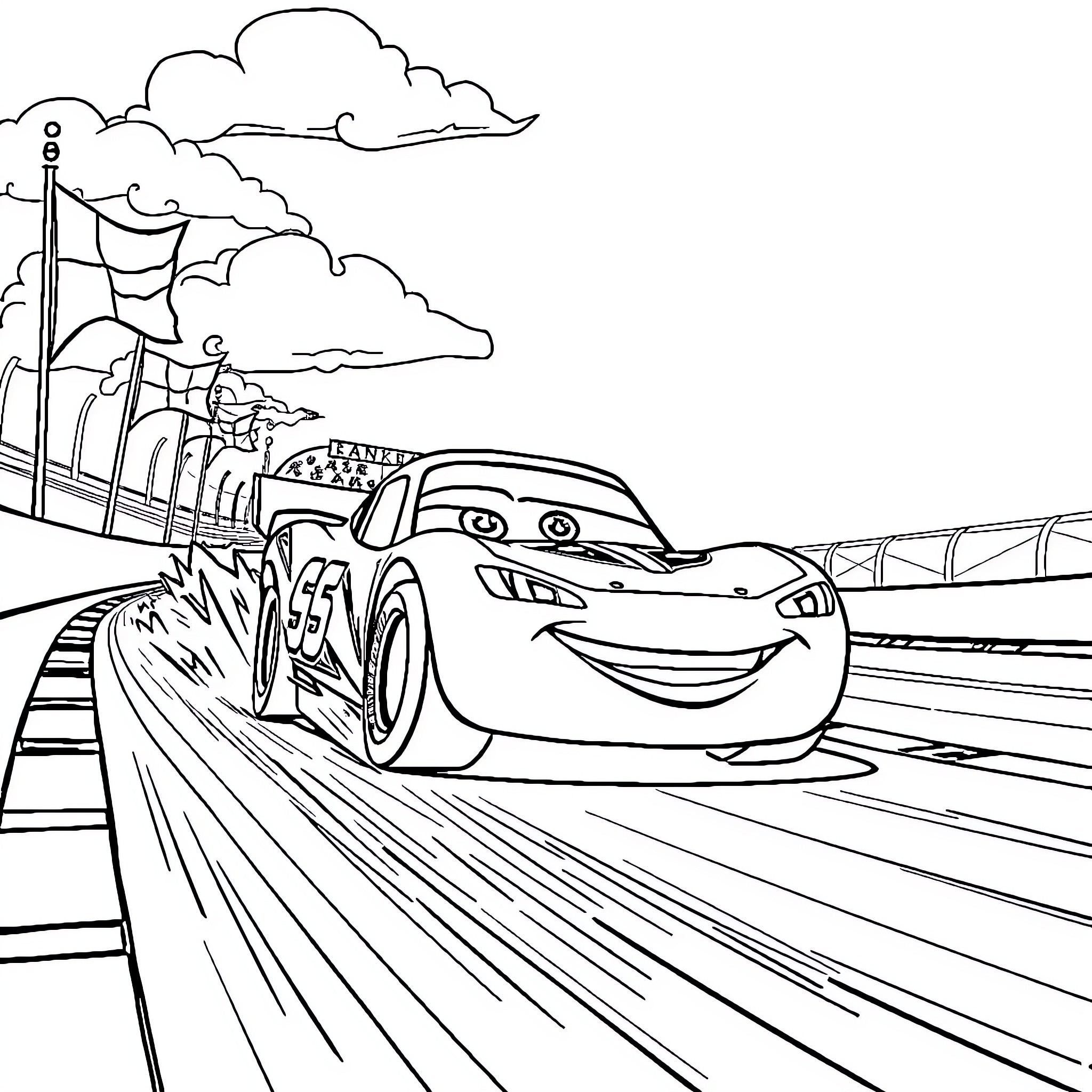 McQueen racing down the track with determination Coloring Page (free black-and-white line drawing printable PDF for all, from beginners to advanced learners, including children, teens, adults, and seniors)