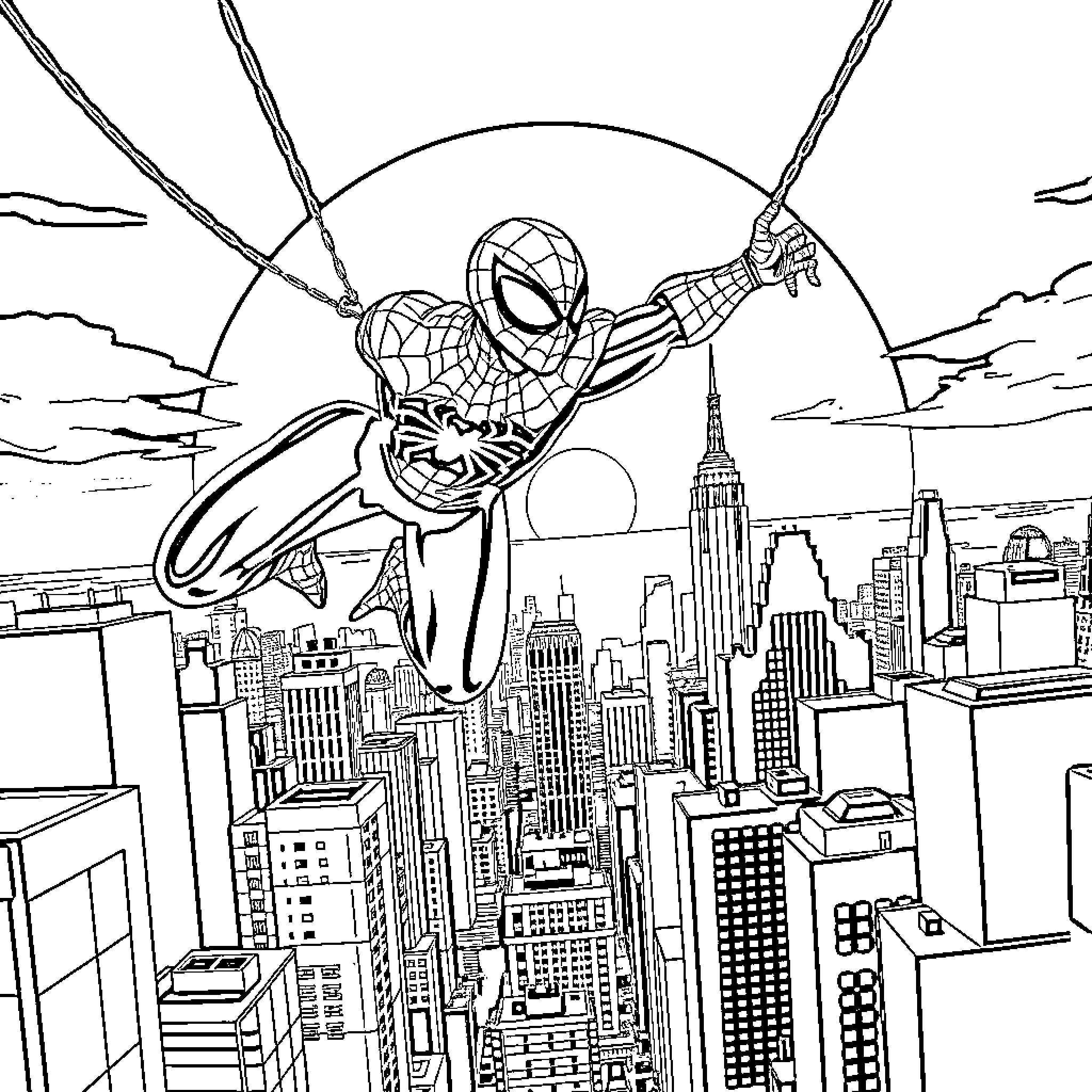 Spiderman swinging through the cityscape Coloring Page (free black-and-white line drawing printable PDF for all, from beginners to advanced learners, including children, teens, adults, and seniors)