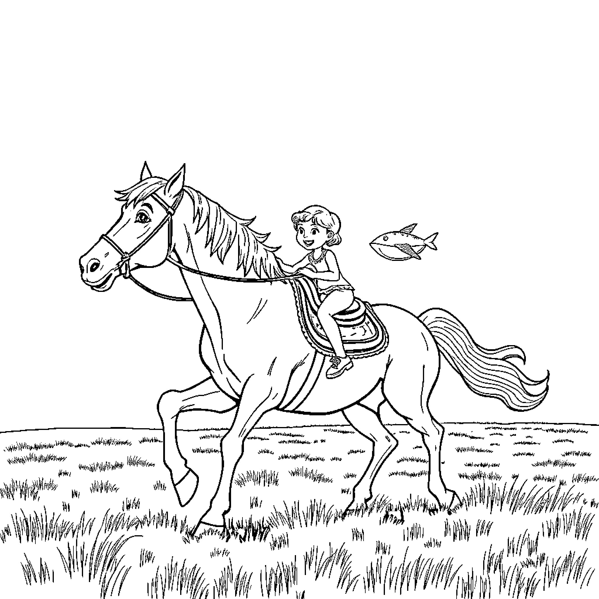 Girl riding a horse through a field Coloring Page (free black-and-white line drawing printable PDF for all, from beginners to advanced learners, including children, teens, adults, and seniors)