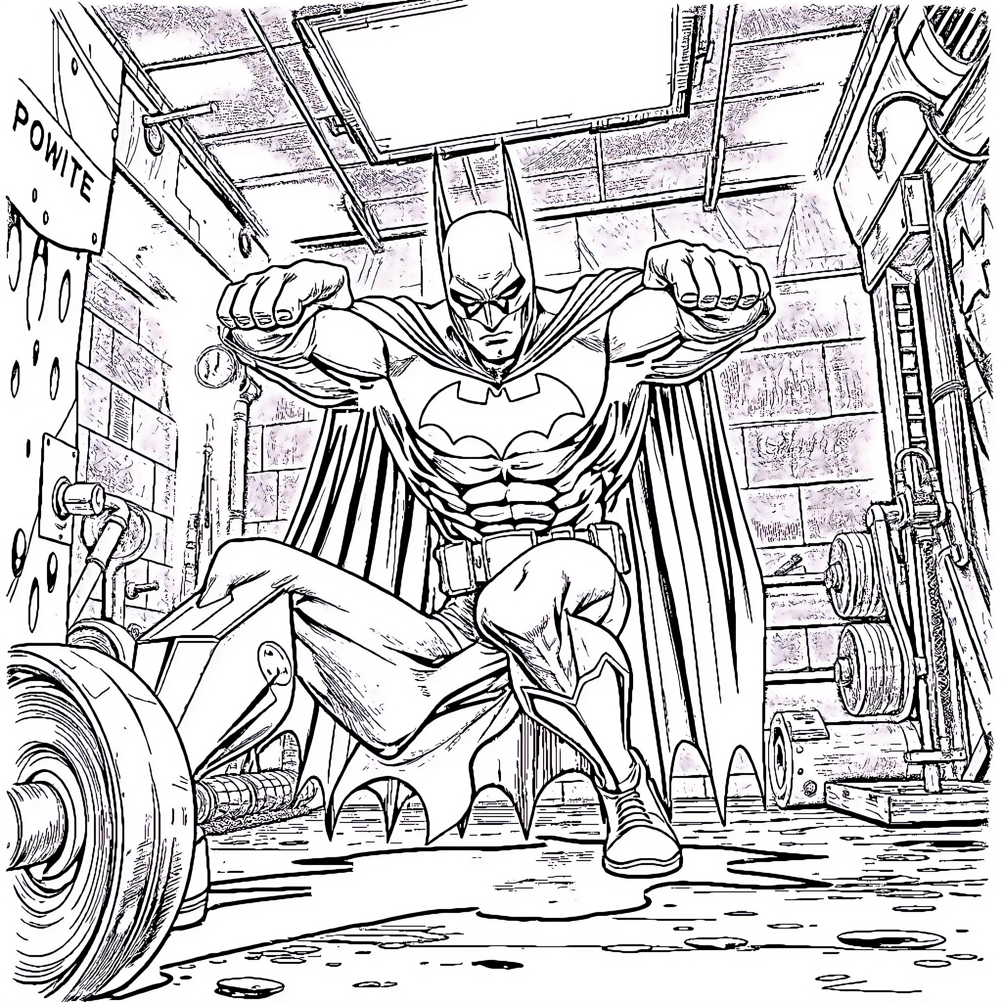 Batman Lifting Weights in the Gym Coloring Page (free black-and-white line drawing printable PDF for all, from beginners to advanced learners, including children, teens, adults, and seniors)