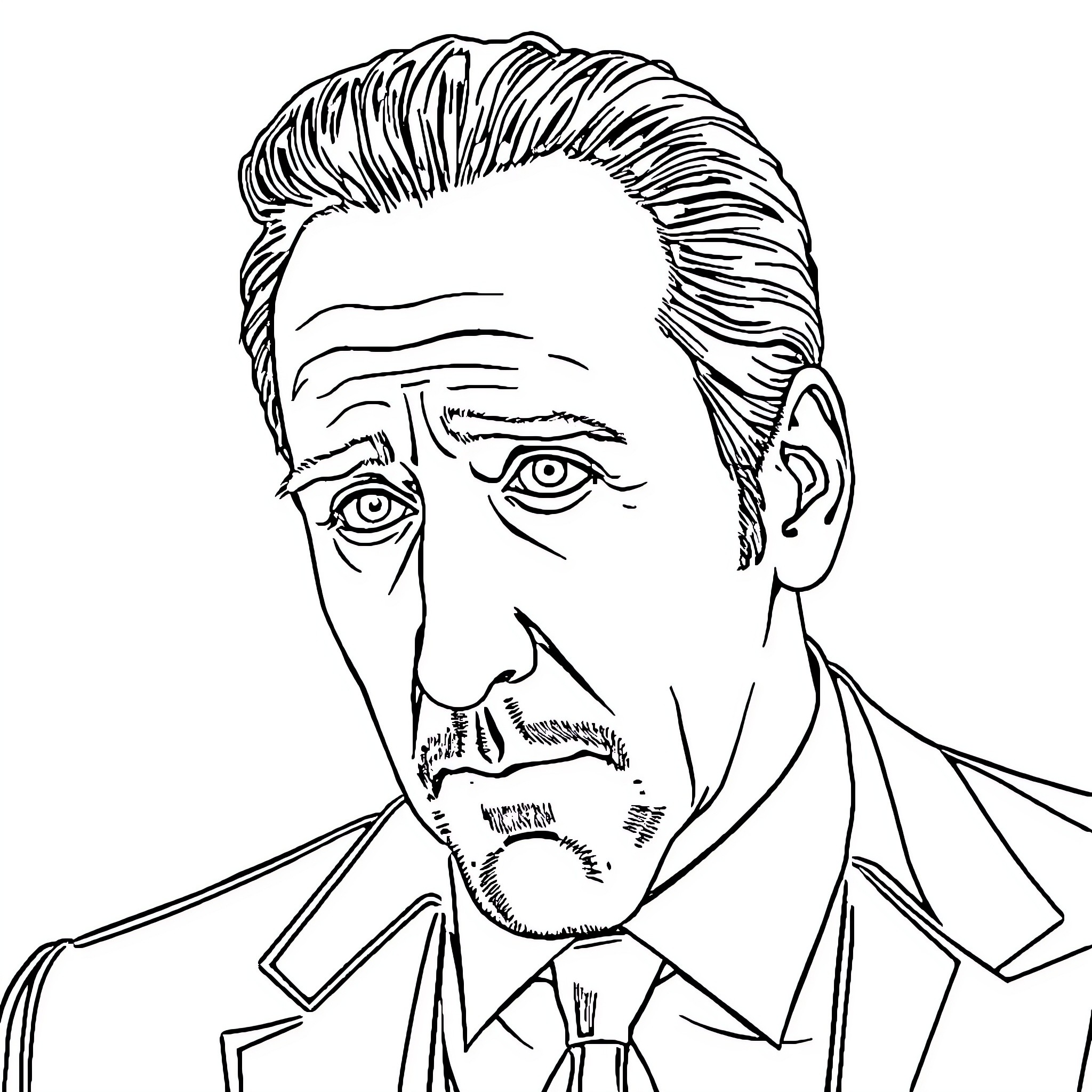Nicolas Cage's Intense Expression and Formal Attire Coloring Page (free black-and-white line drawing printable PDF for all, from beginners to advanced learners, including children, teens, adults, and seniors)