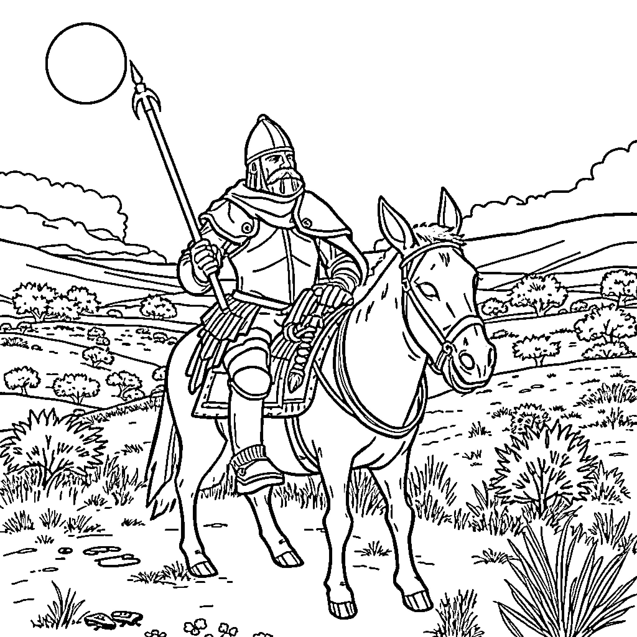 Don Quijote on a gallant horse adventure Coloring Page (free black-and-white line drawing printable PDF for all, from beginners to advanced learners, including children, teens, adults, and seniors)