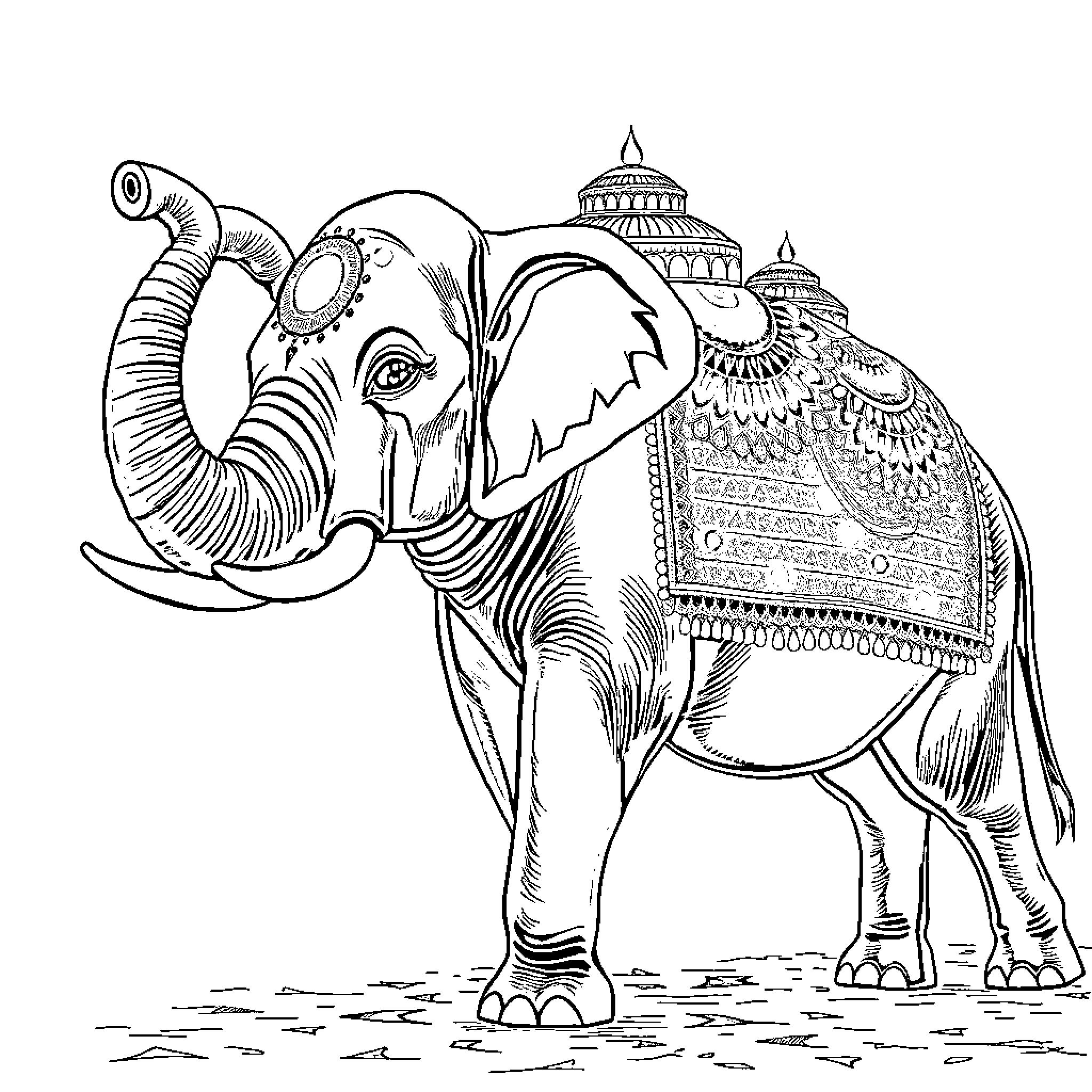 Elephant with ornate adornments in a detailed scene Coloring Page (free black-and-white line drawing printable PDF for all, from beginners to advanced learners, including children, teens, adults, and seniors)