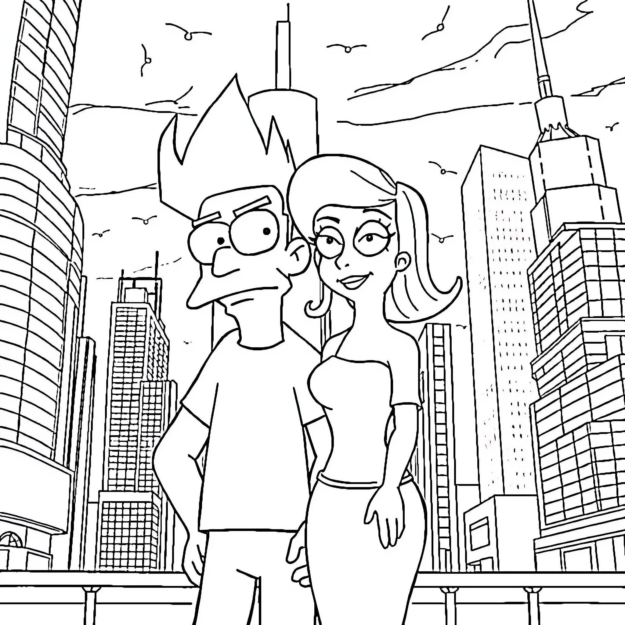 Fry and Leela enjoying the city view Coloring Page (free black-and-white line drawing printable PDF for all, from beginners to advanced learners, including children, teens, adults, and seniors)