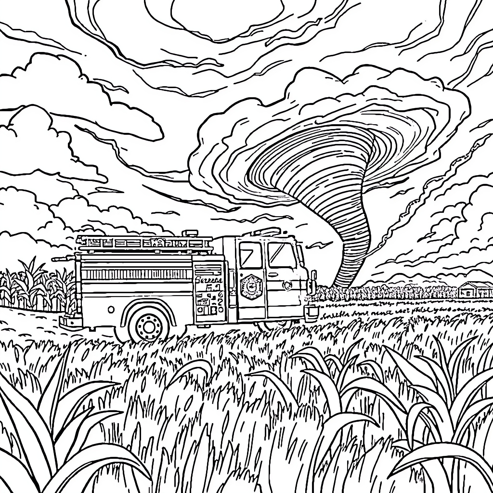 Fire Truck responding to a storm in the countryside Coloring Page (free black-and-white line drawing printable PDF for all, from beginners to advanced learners, including children, teens, adults, and seniors)
