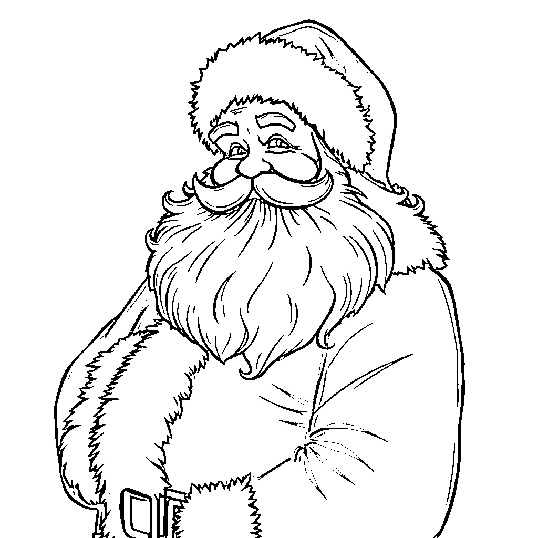 Santa Claus with jolly expression and festive attire Coloring Page (free black-and-white line drawing printable PDF for all, from beginners to advanced learners, including children, teens, adults, and seniors)