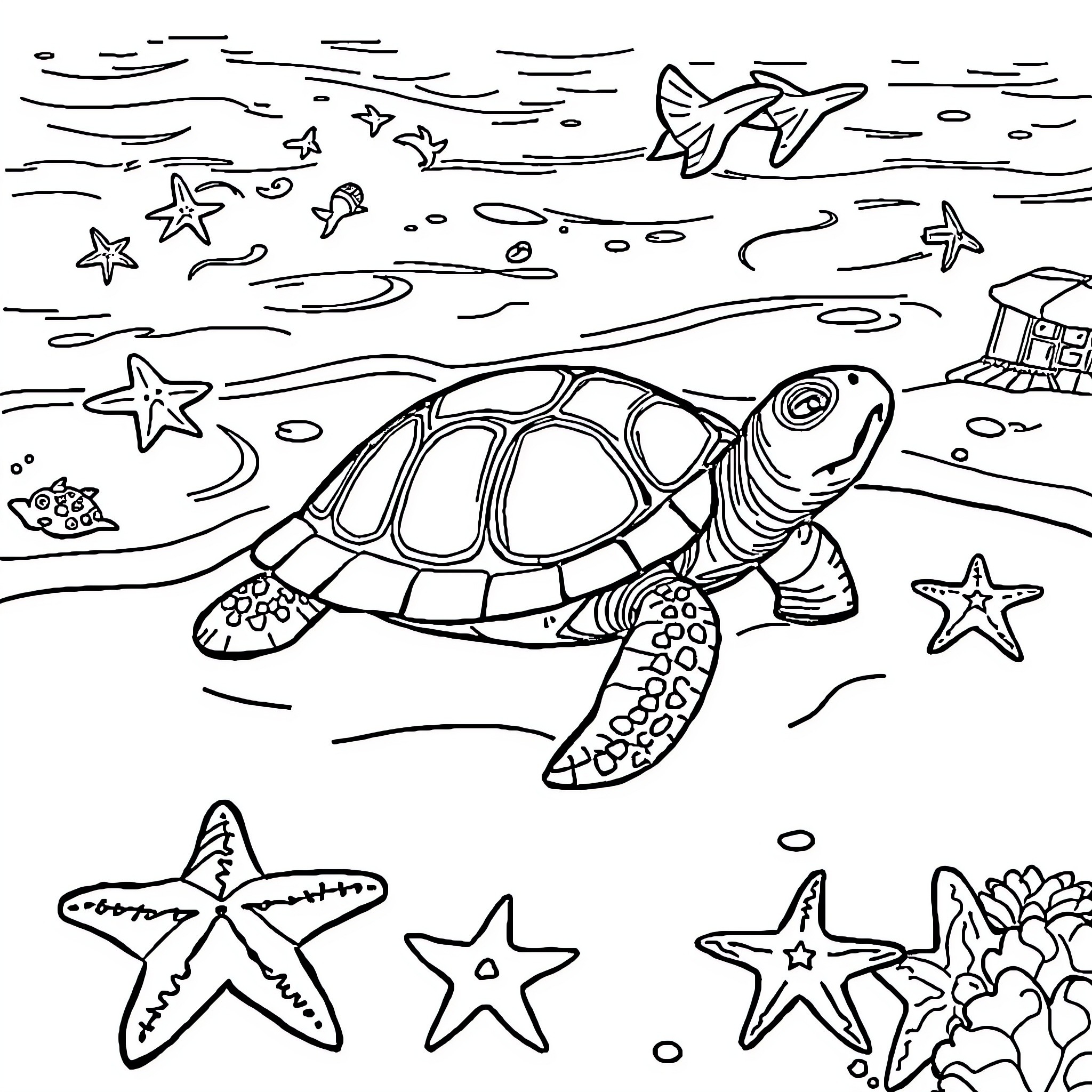 Turtle exploring the underwater world Coloring Page (free black-and-white line drawing printable PDF for all, from beginners to advanced learners, including children, teens, adults, and seniors)
