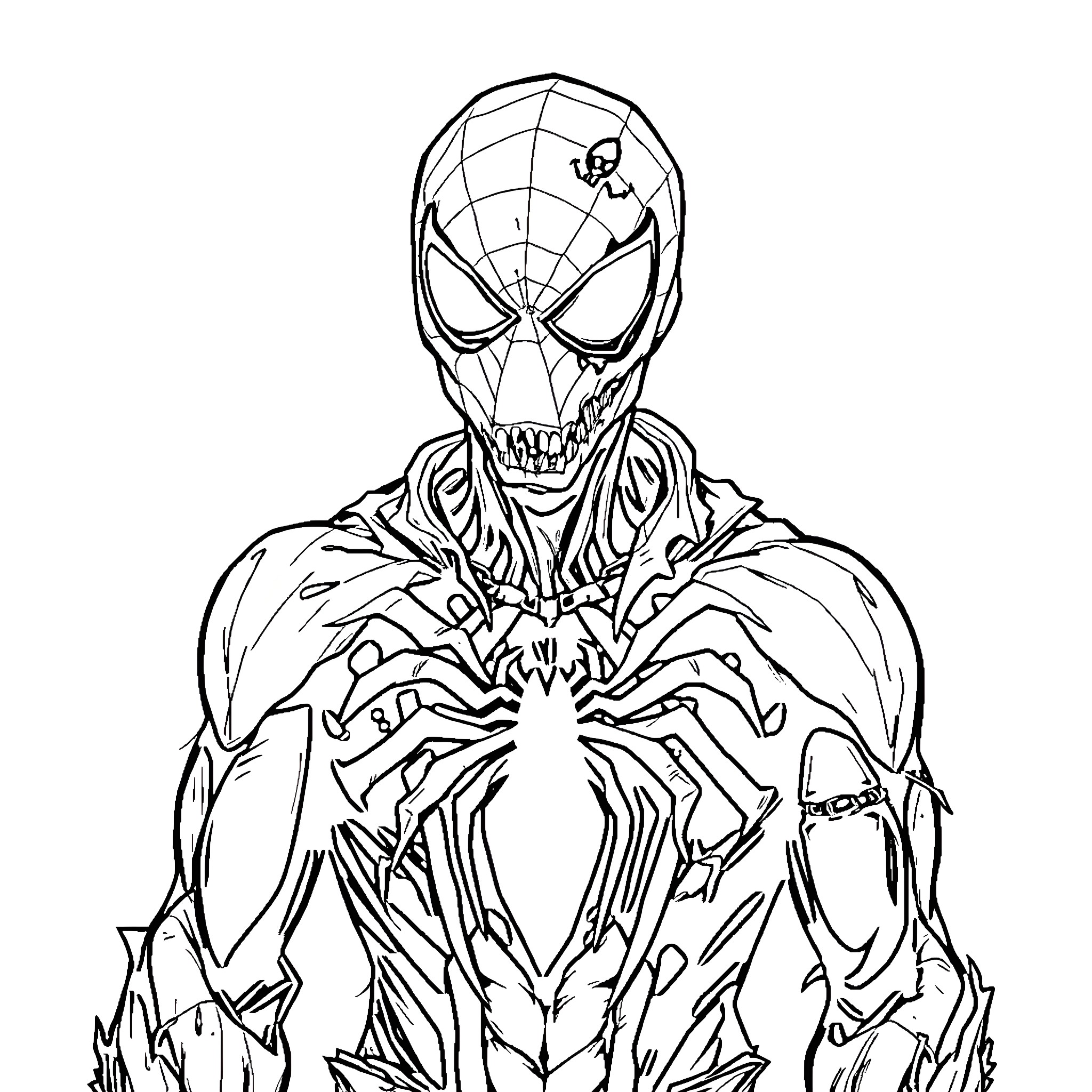 Zombie Spider-Man leaps menacingly into action Coloring Page (free black-and-white line drawing printable PDF for all, from beginners to advanced learners, including children, teens, adults, and seniors)