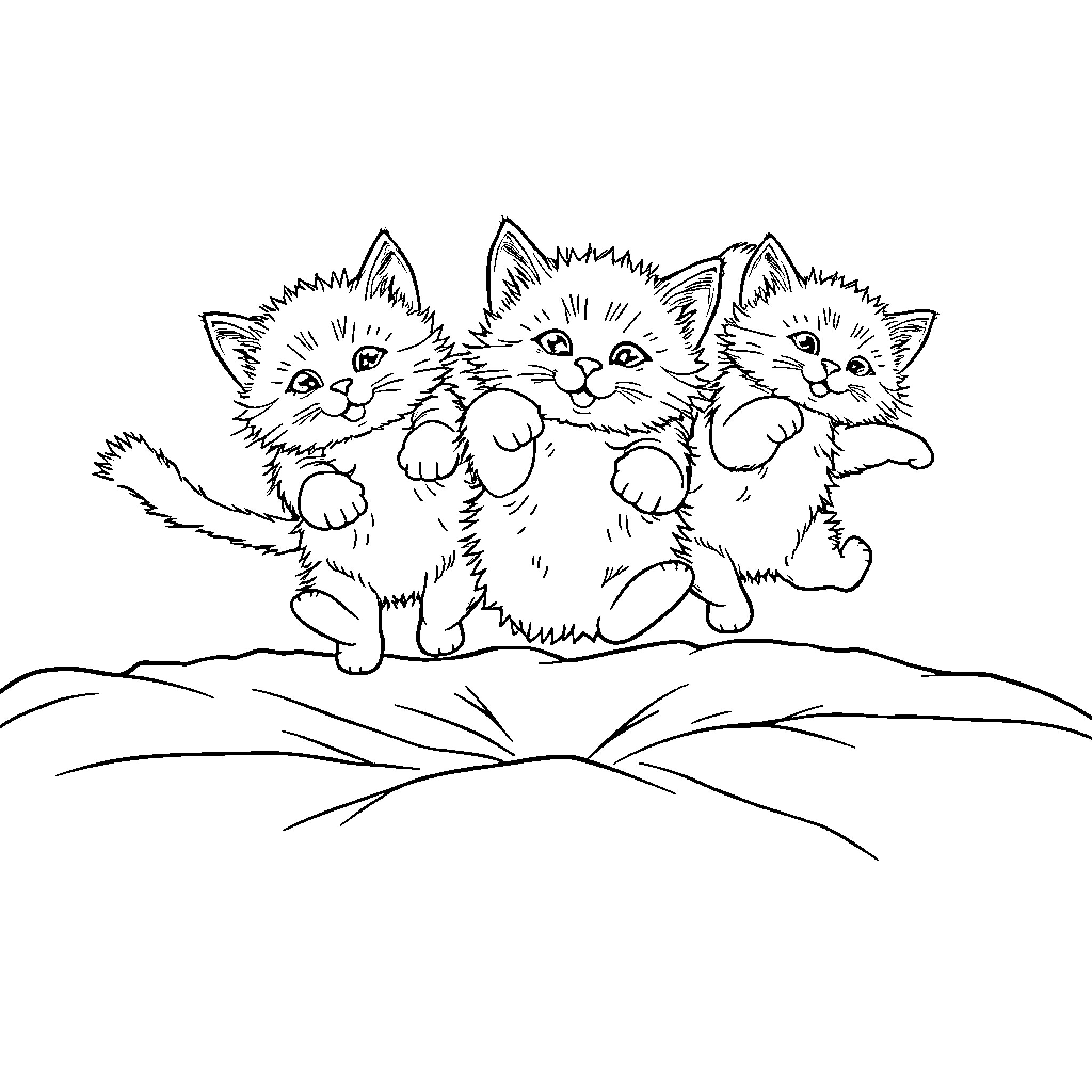 Cat trio playing together in field Coloring Page (free black-and-white line drawing printable PDF for all, from beginners to advanced learners, including children, teens, adults, and seniors)