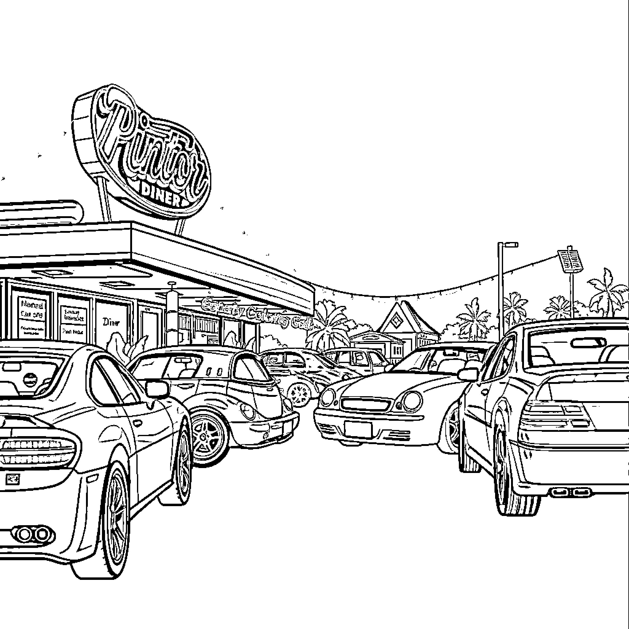 Car Dealership Bustling with Activity Coloring Page (free black-and-white line drawing printable PDF for all, from beginners to advanced learners, including children, teens, adults, and seniors)