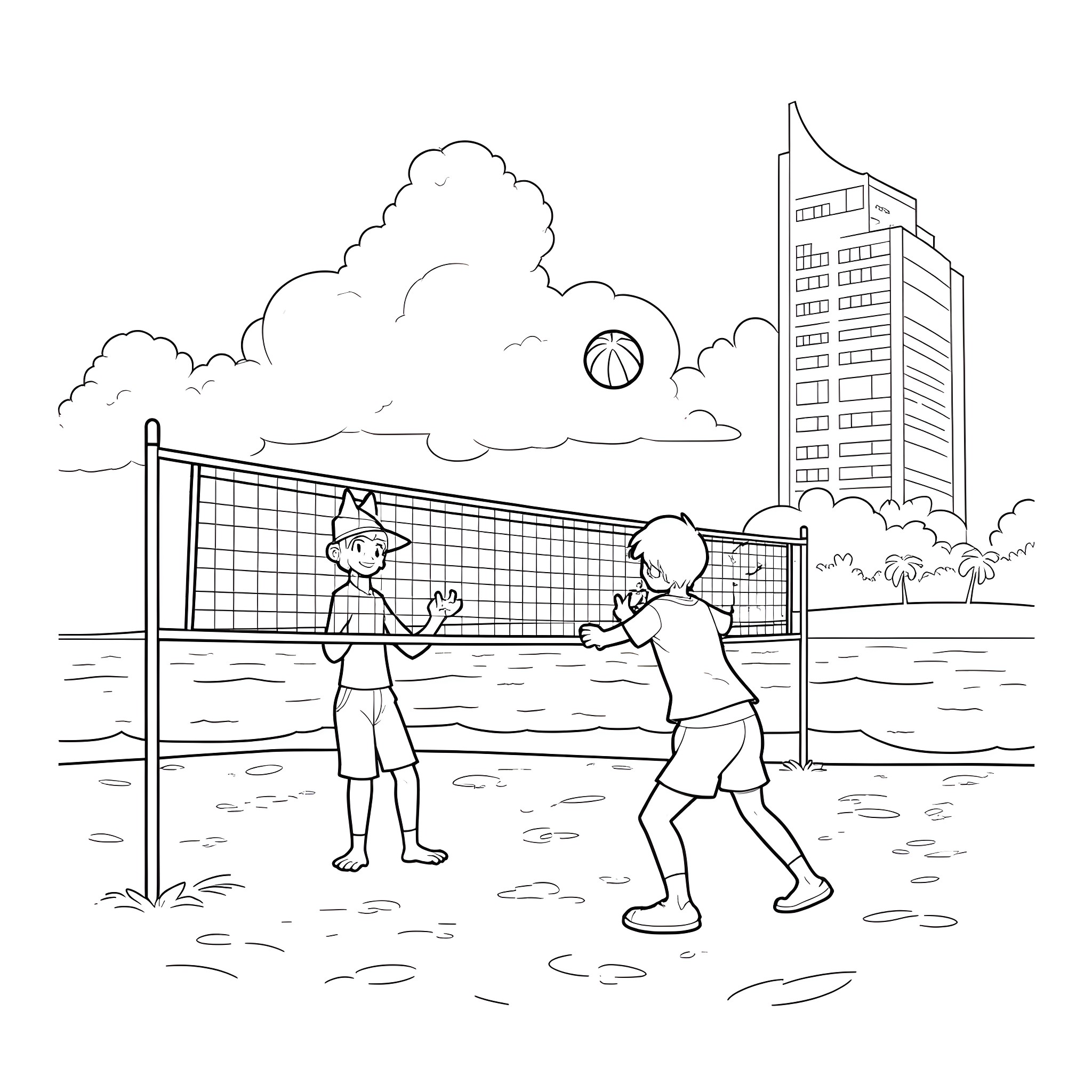 Ash Ketchum playing volleyball with friends in the park Coloring Page (free black-and-white line drawing printable PDF for all, from beginners to advanced learners, including children, teens, adults, and seniors)